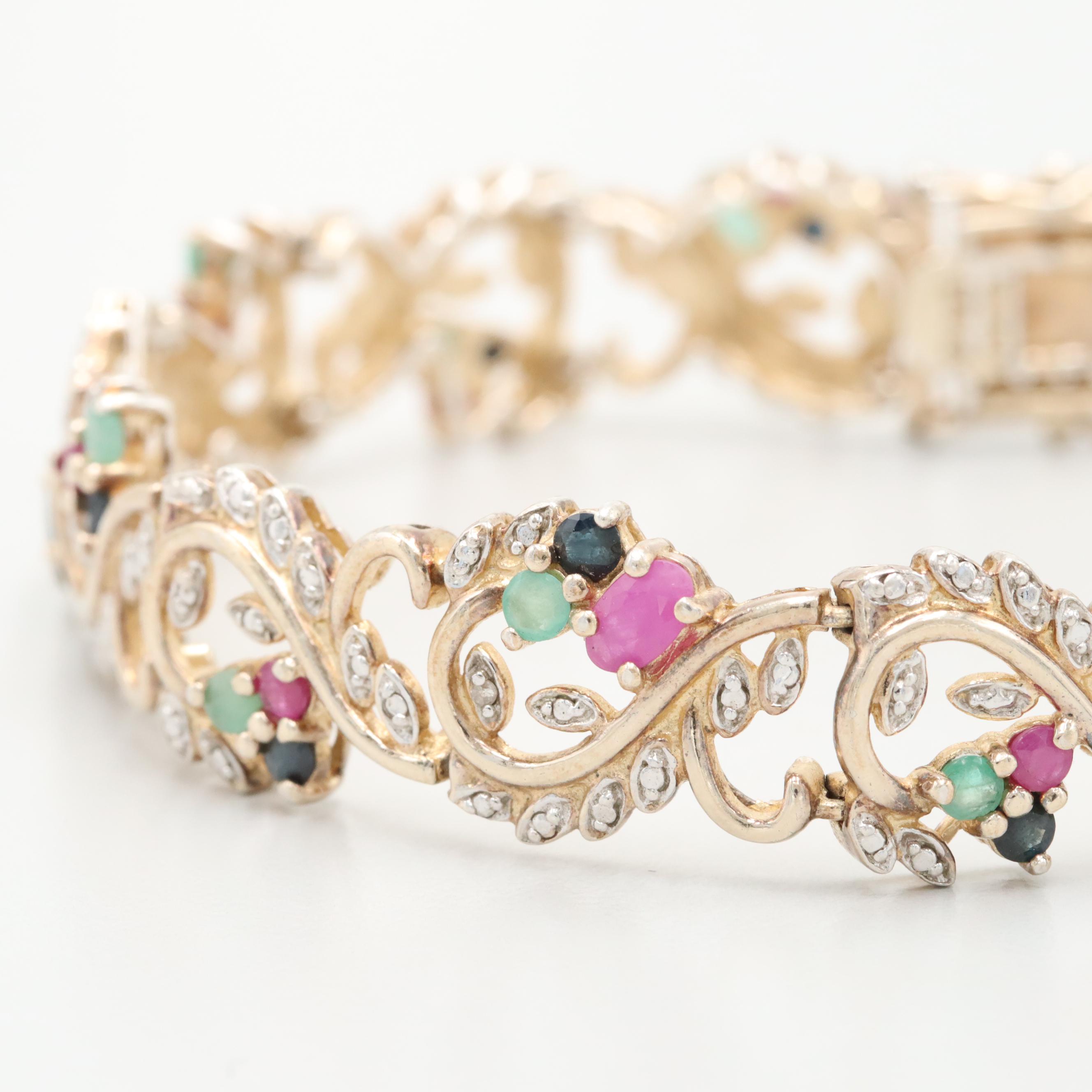 Sterling Emerald, Sapphire, Ruby and Diamond Branch and Leaves Motif Bracelet