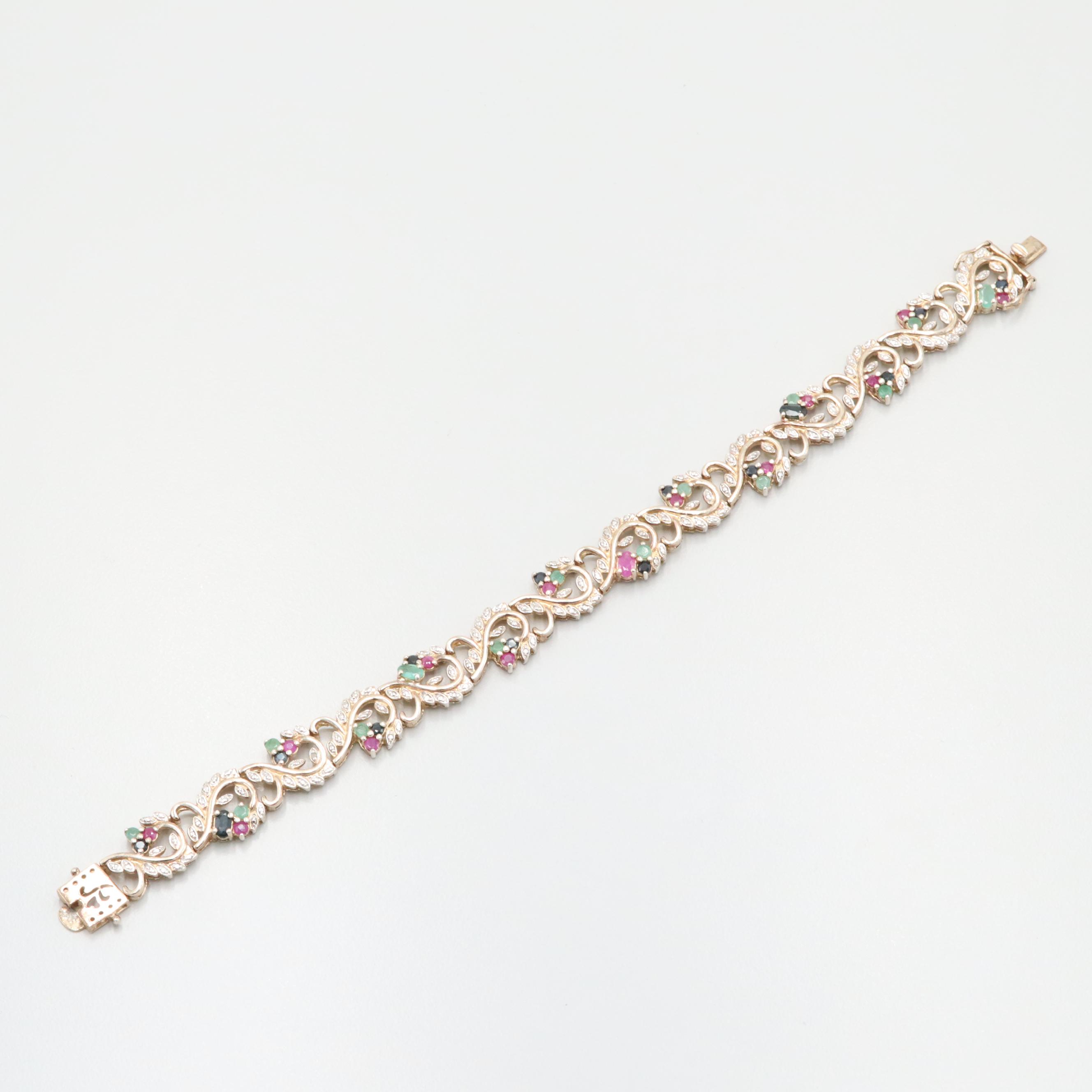 Sterling Emerald, Sapphire, Ruby and Diamond Branch and Leaves Motif Bracelet