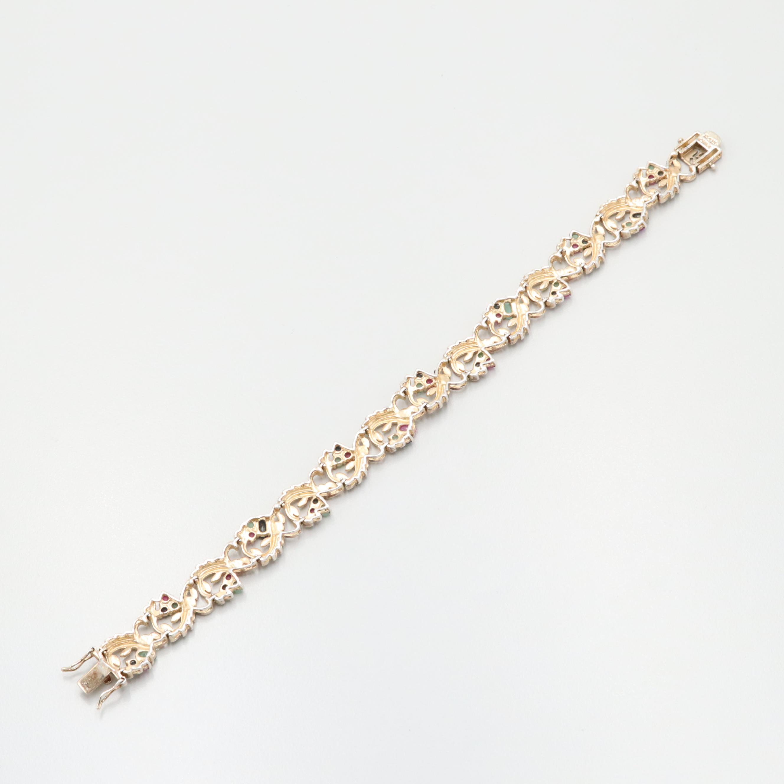 Sterling Emerald, Sapphire, Ruby and Diamond Branch and Leaves Motif Bracelet