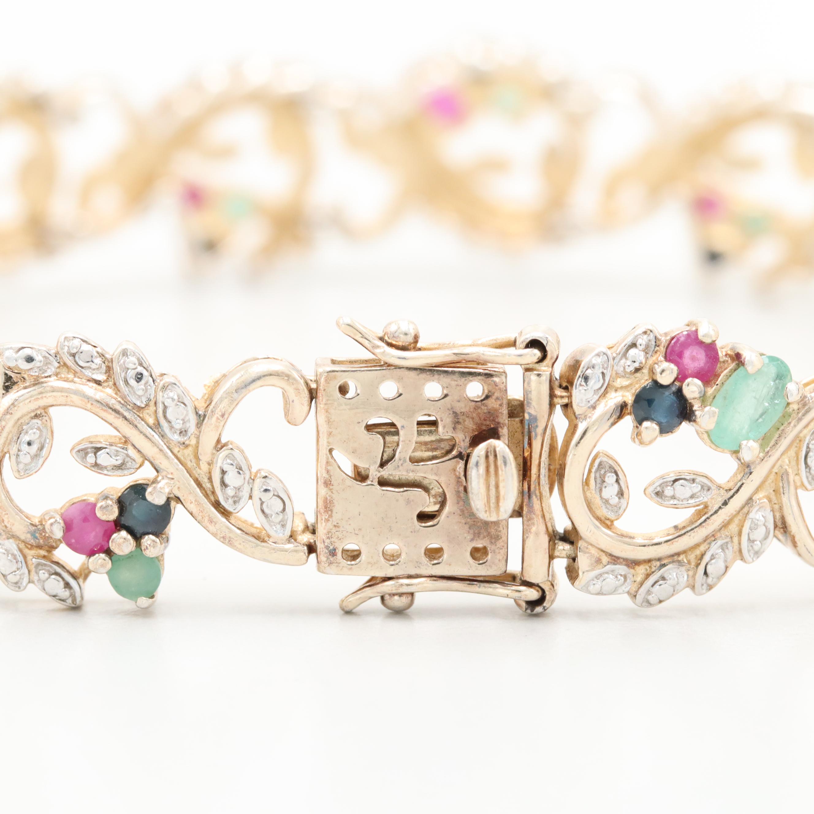 Sterling Emerald, Sapphire, Ruby and Diamond Branch and Leaves Motif Bracelet
