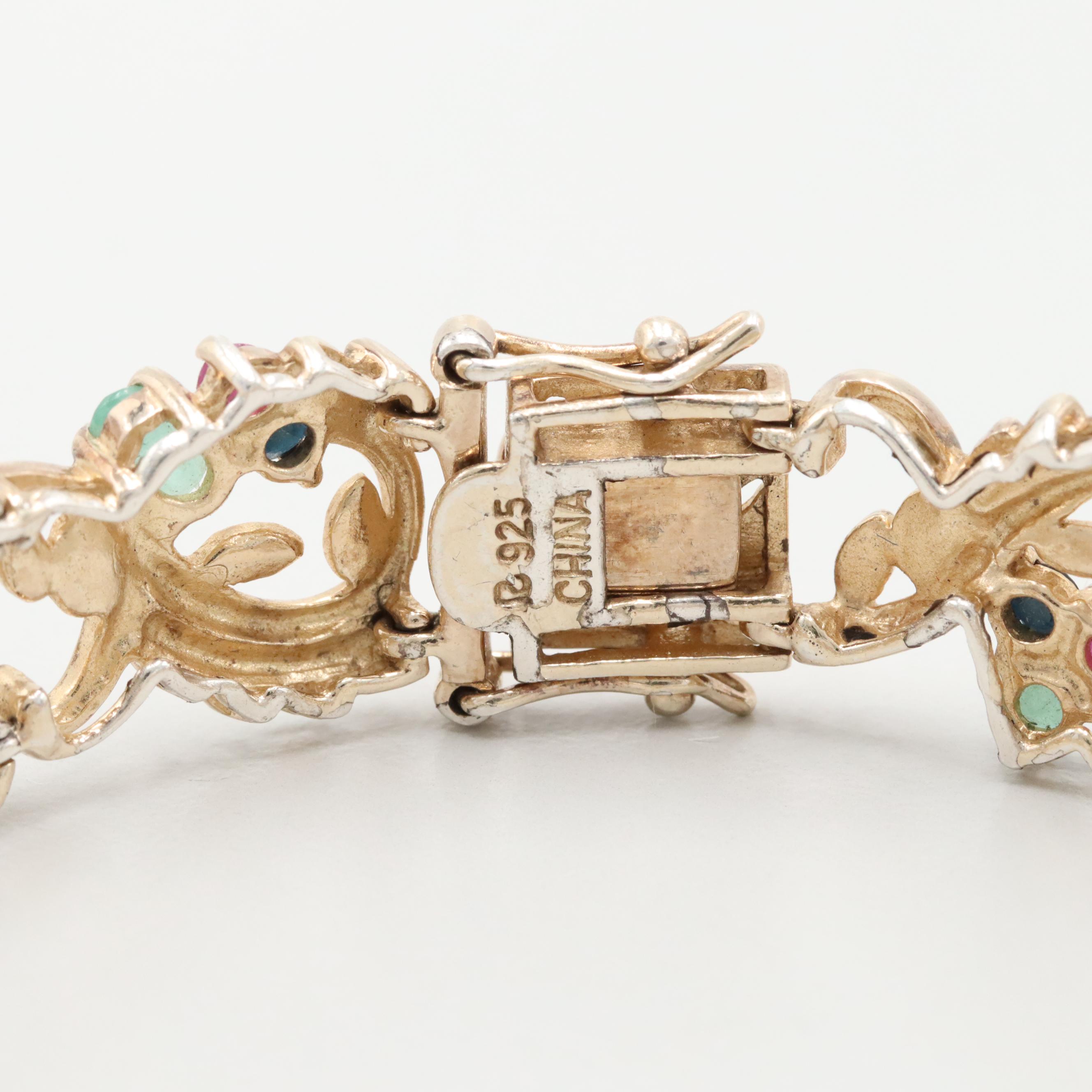 Sterling Emerald, Sapphire, Ruby and Diamond Branch and Leaves Motif Bracelet