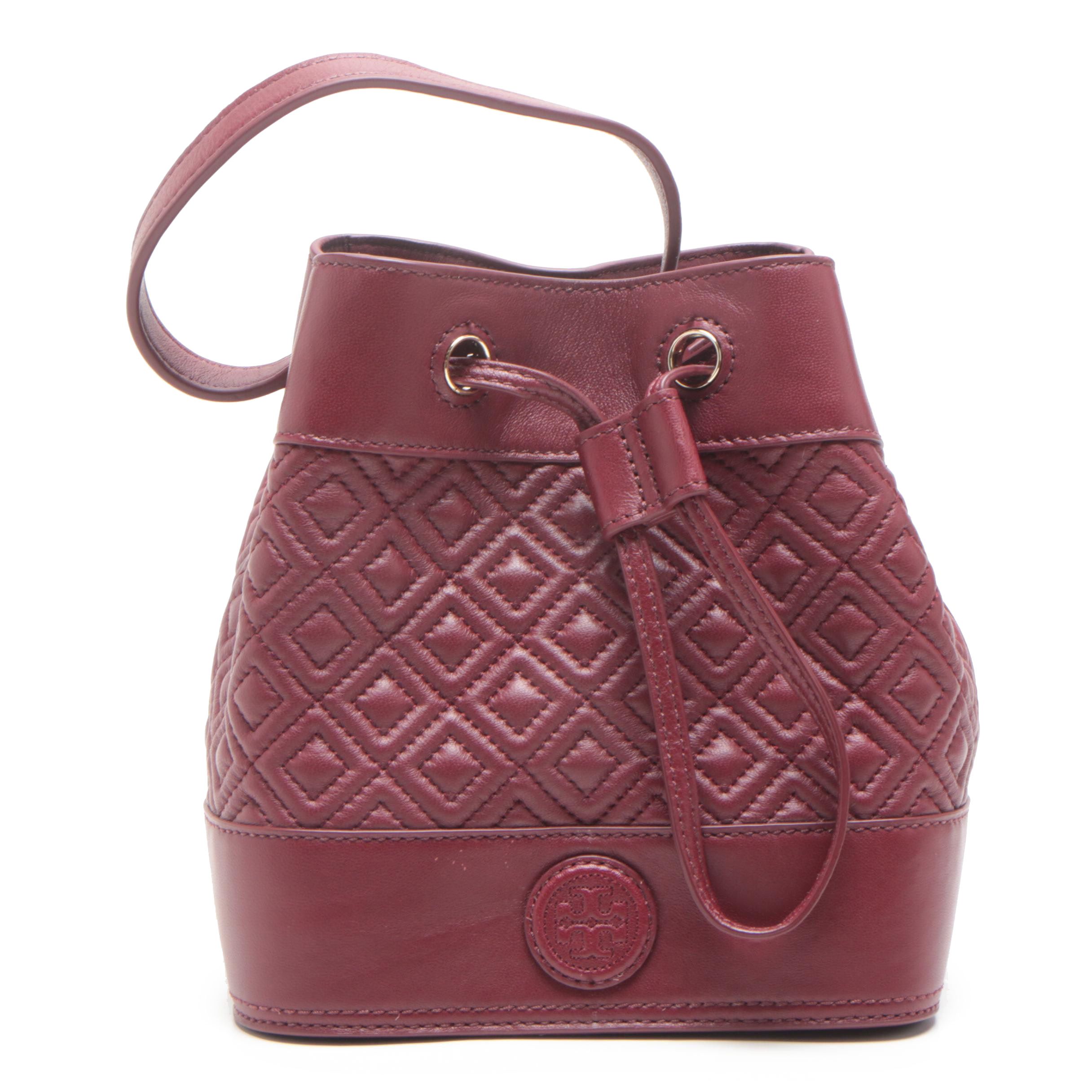 Tory Burch Fleming Garnet Leather Mini Bucket Bag