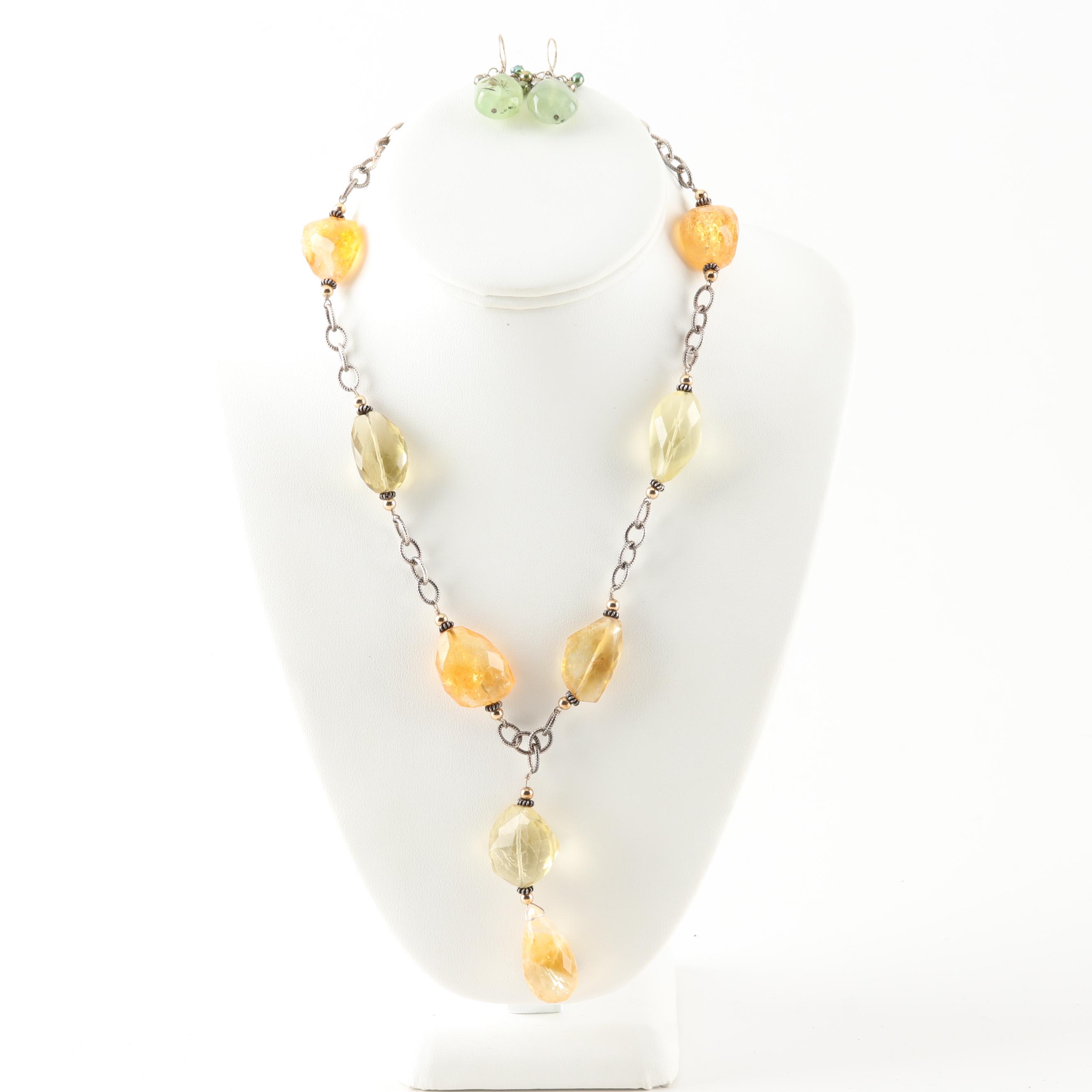 Shannon Diego Sterling Silver Quartz Bead Necklace with Prehnite Earrings