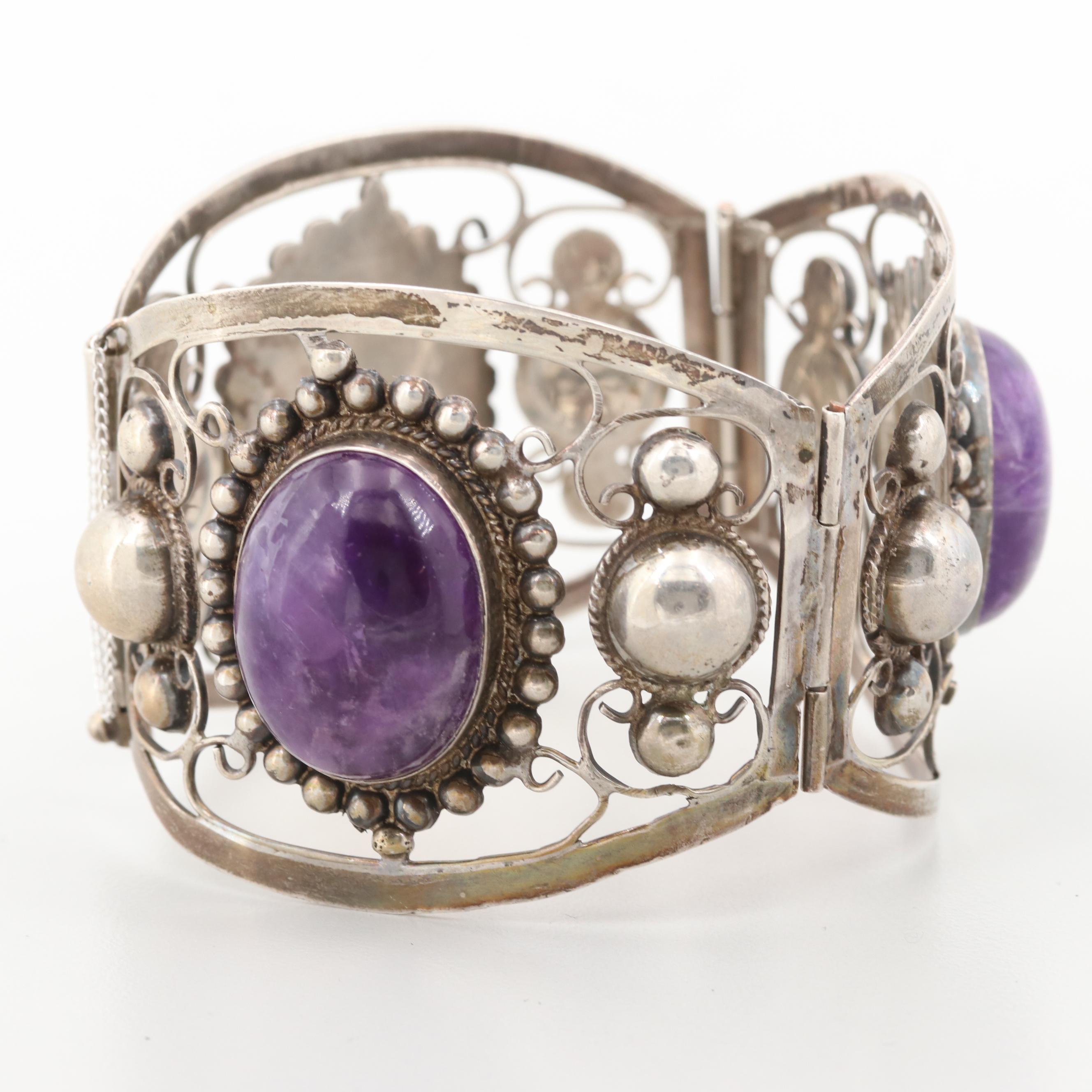 Mexican 1930s Sterling Silver Amethyst Bangle Bracelet