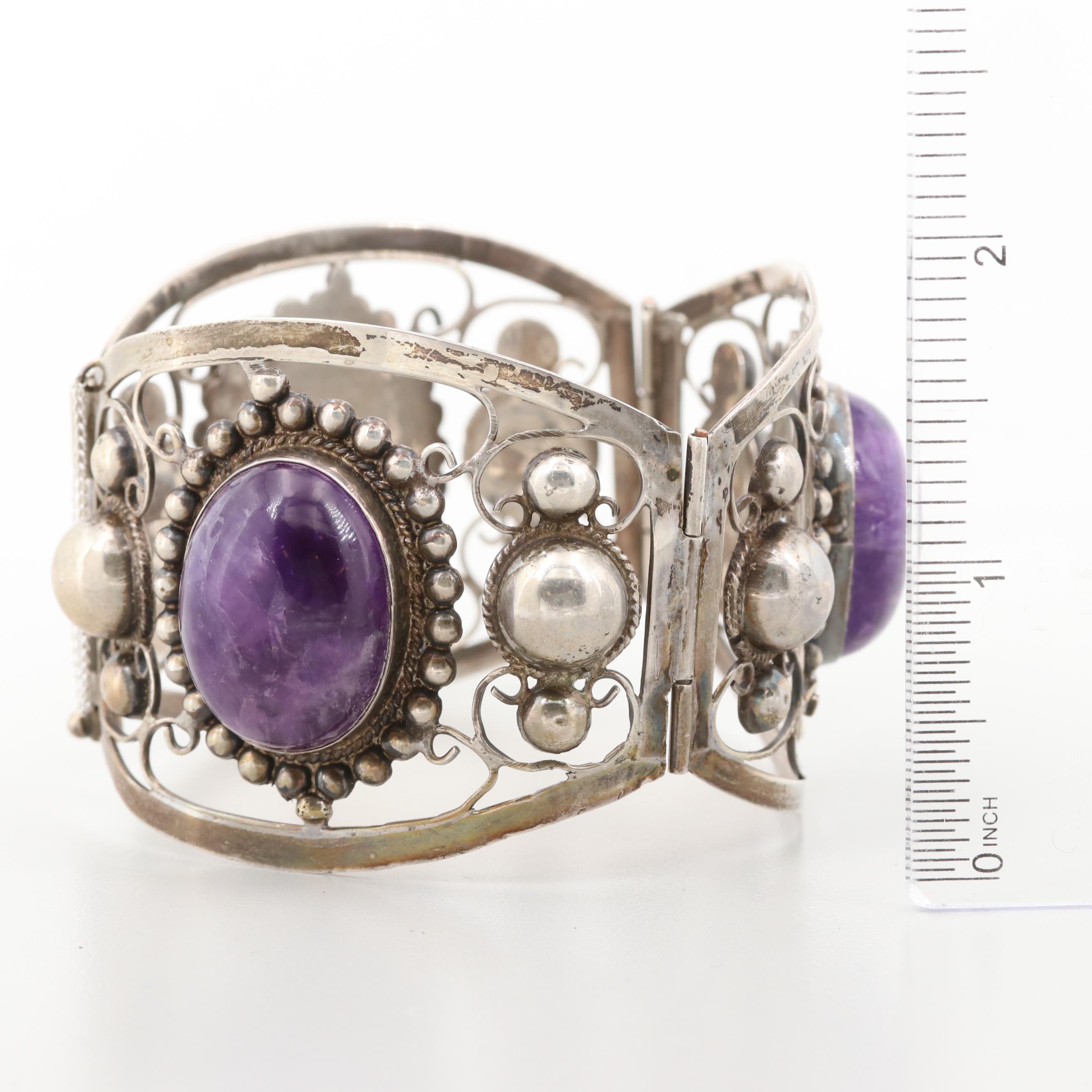 Mexican 1930s Sterling Silver Amethyst Bangle Bracelet