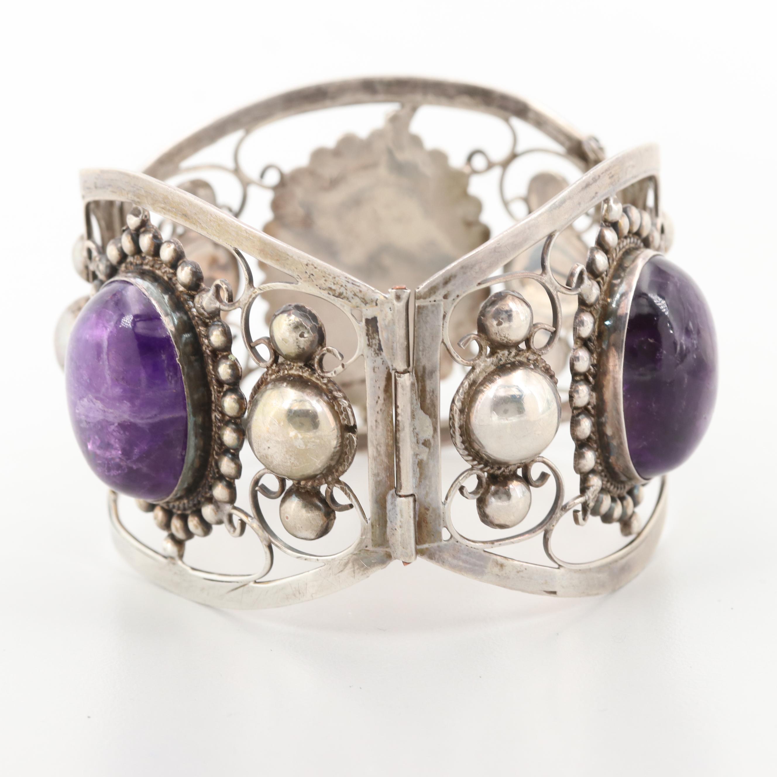 Mexican 1930s Sterling Silver Amethyst Bangle Bracelet
