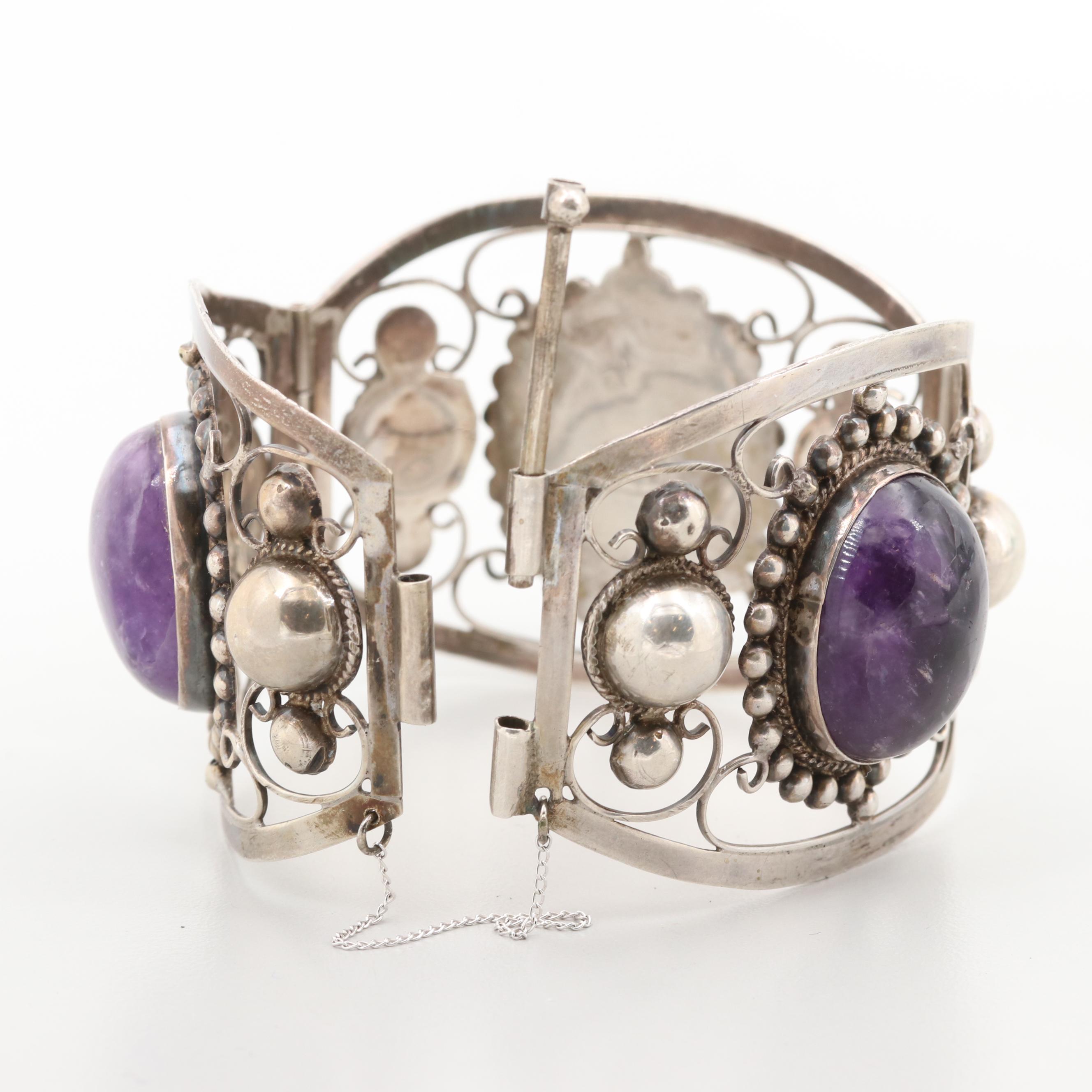 Mexican 1930s Sterling Silver Amethyst Bangle Bracelet