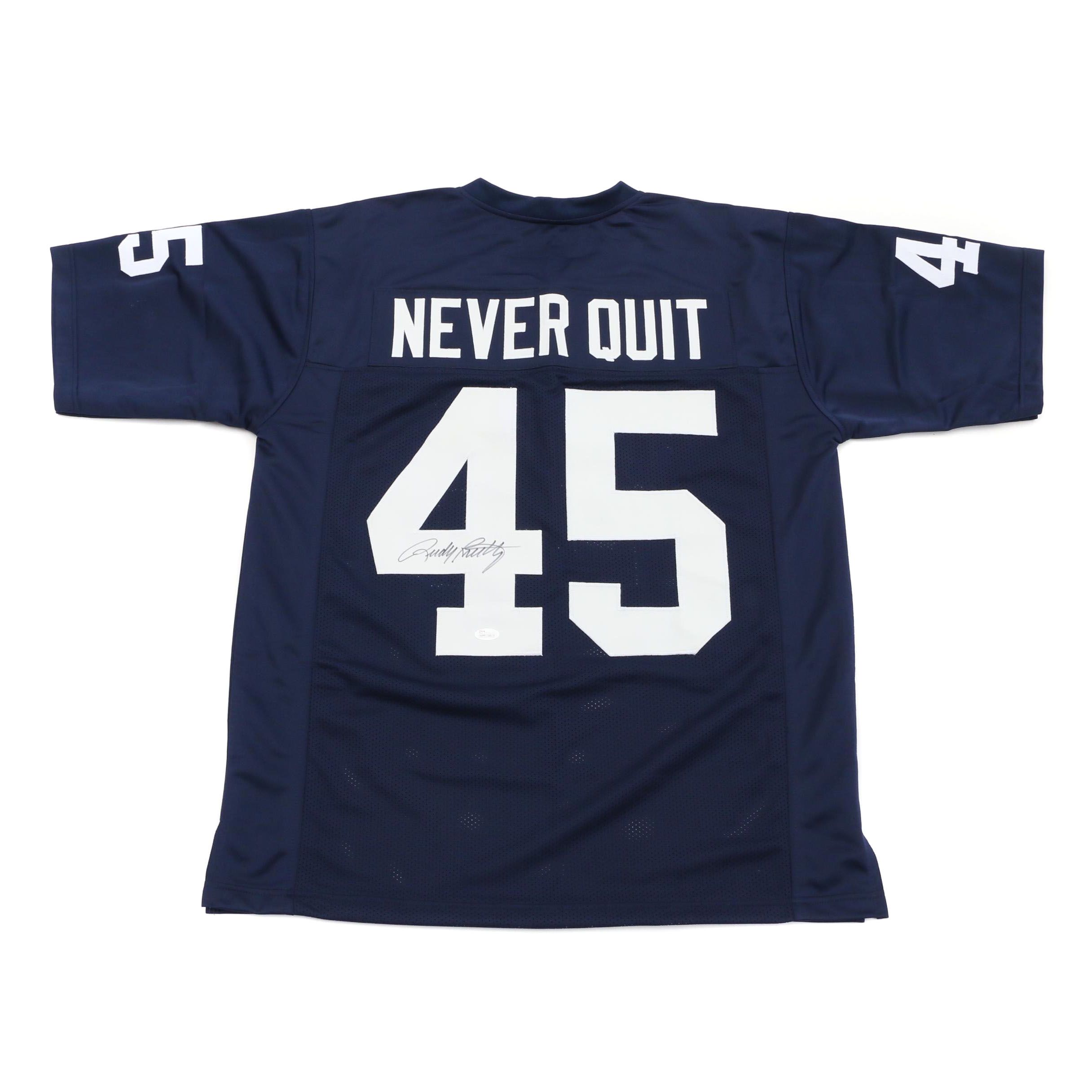 Rudy Ruettiger Signed "Never Quit" #45 Football Jersey, JSA COA