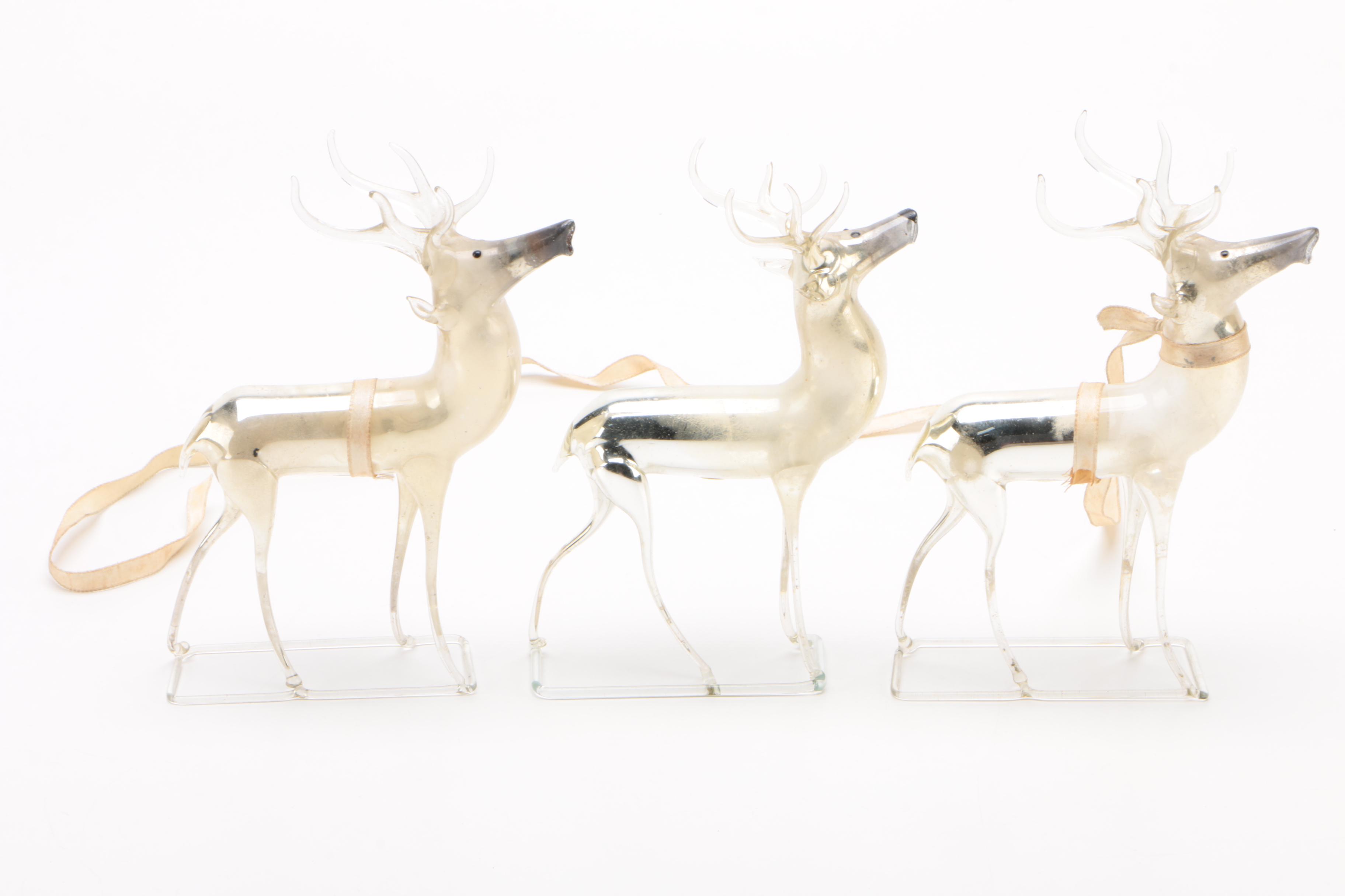 Hand-Blown Mercury Glass German Reindeer Figurines, Mid-Century