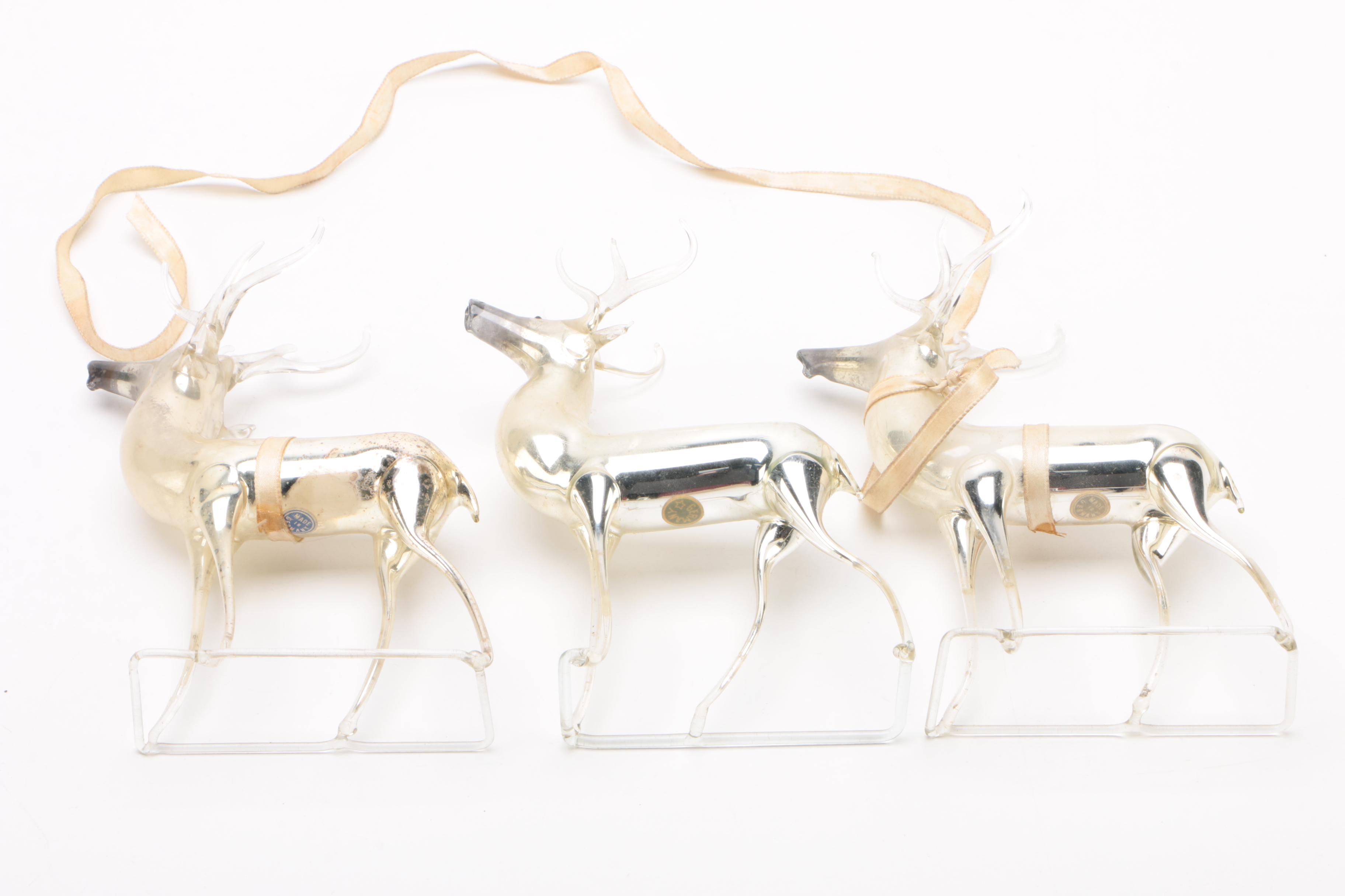 Hand-Blown Mercury Glass German Reindeer Figurines, Mid-Century