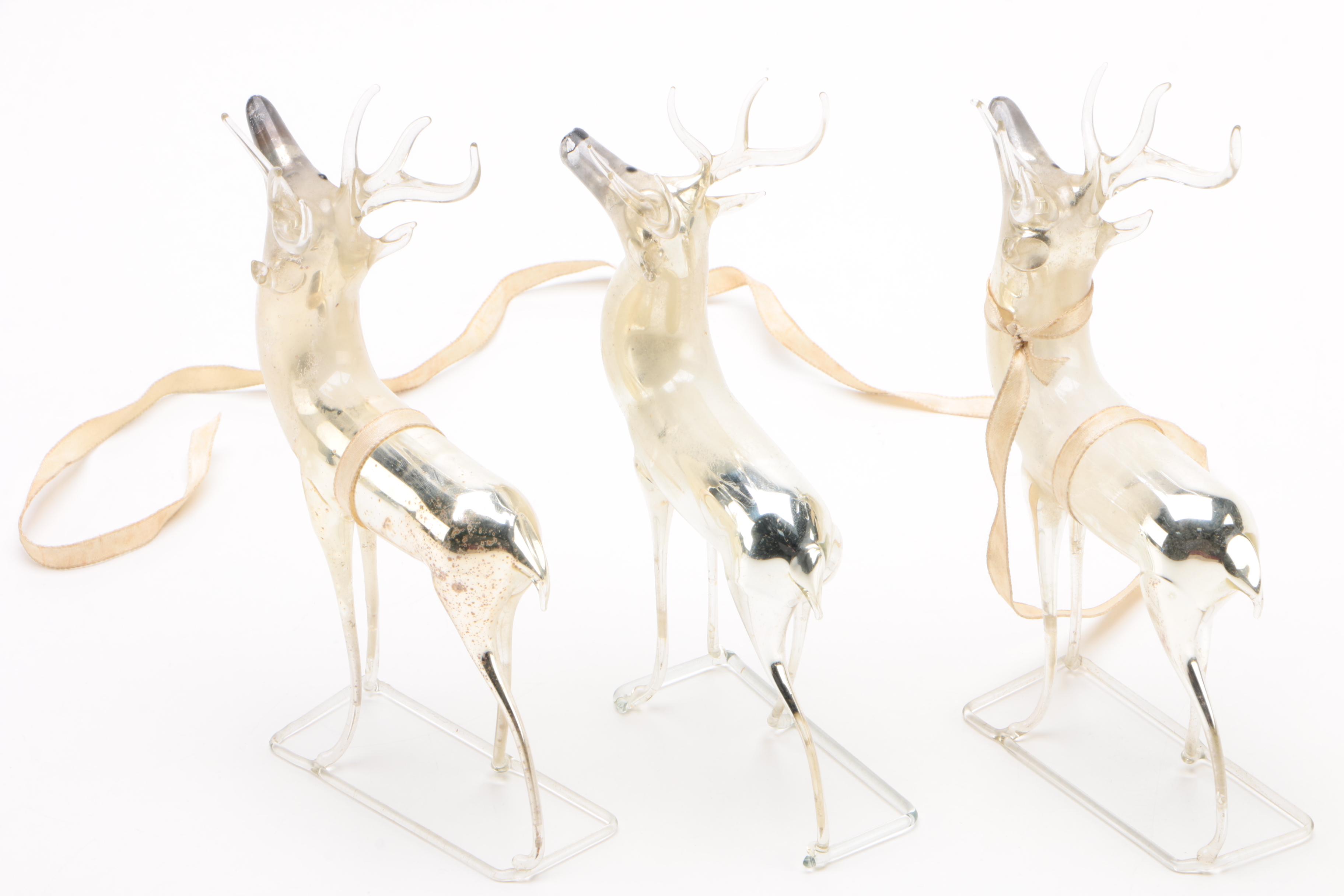 Hand-Blown Mercury Glass German Reindeer Figurines, Mid-Century