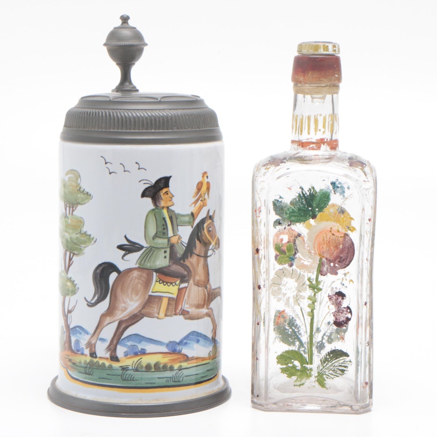 Earthenware Beer Stein and Painted Glass Decanter