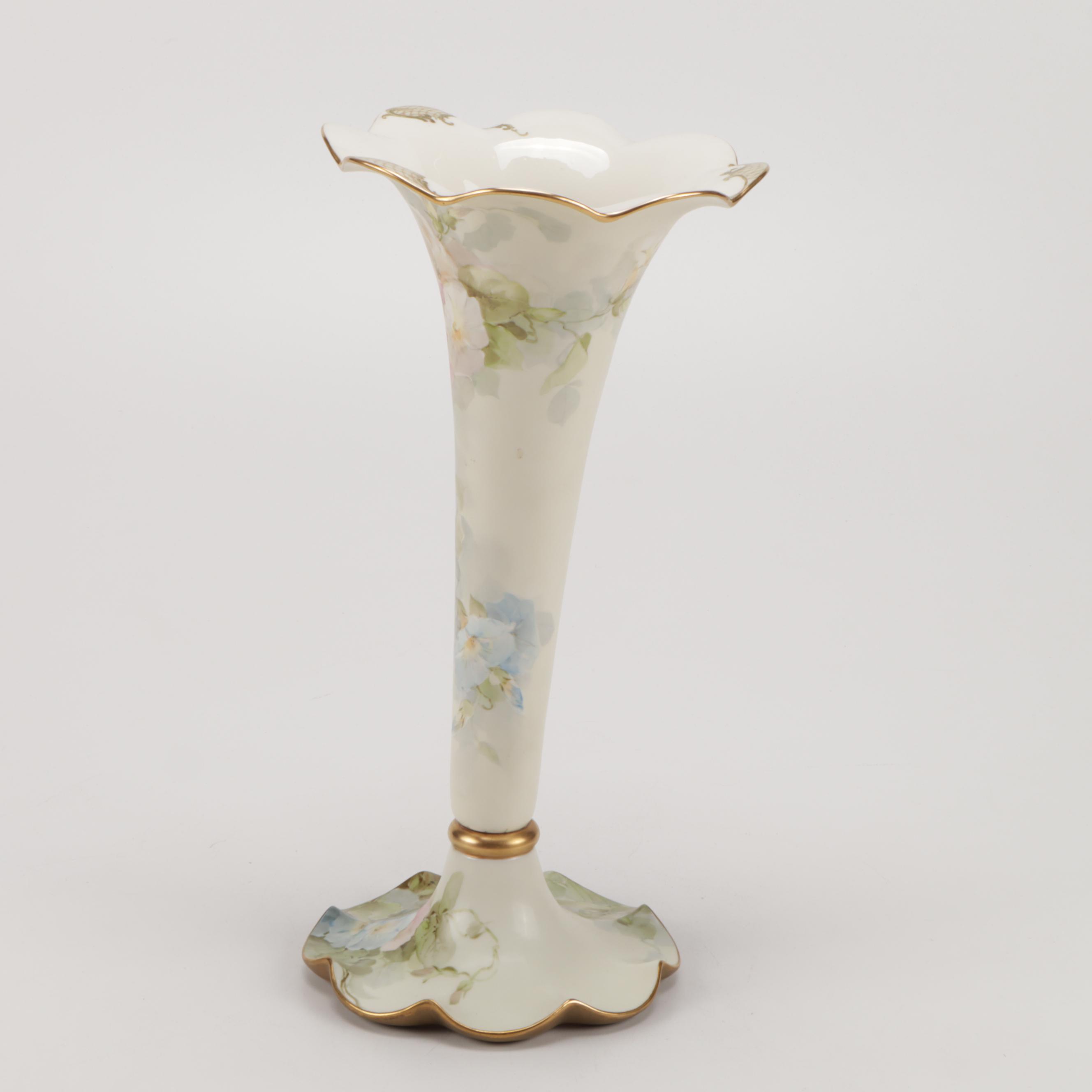 American Belleek Tall Hand-Painted Floral Trumpet Vase