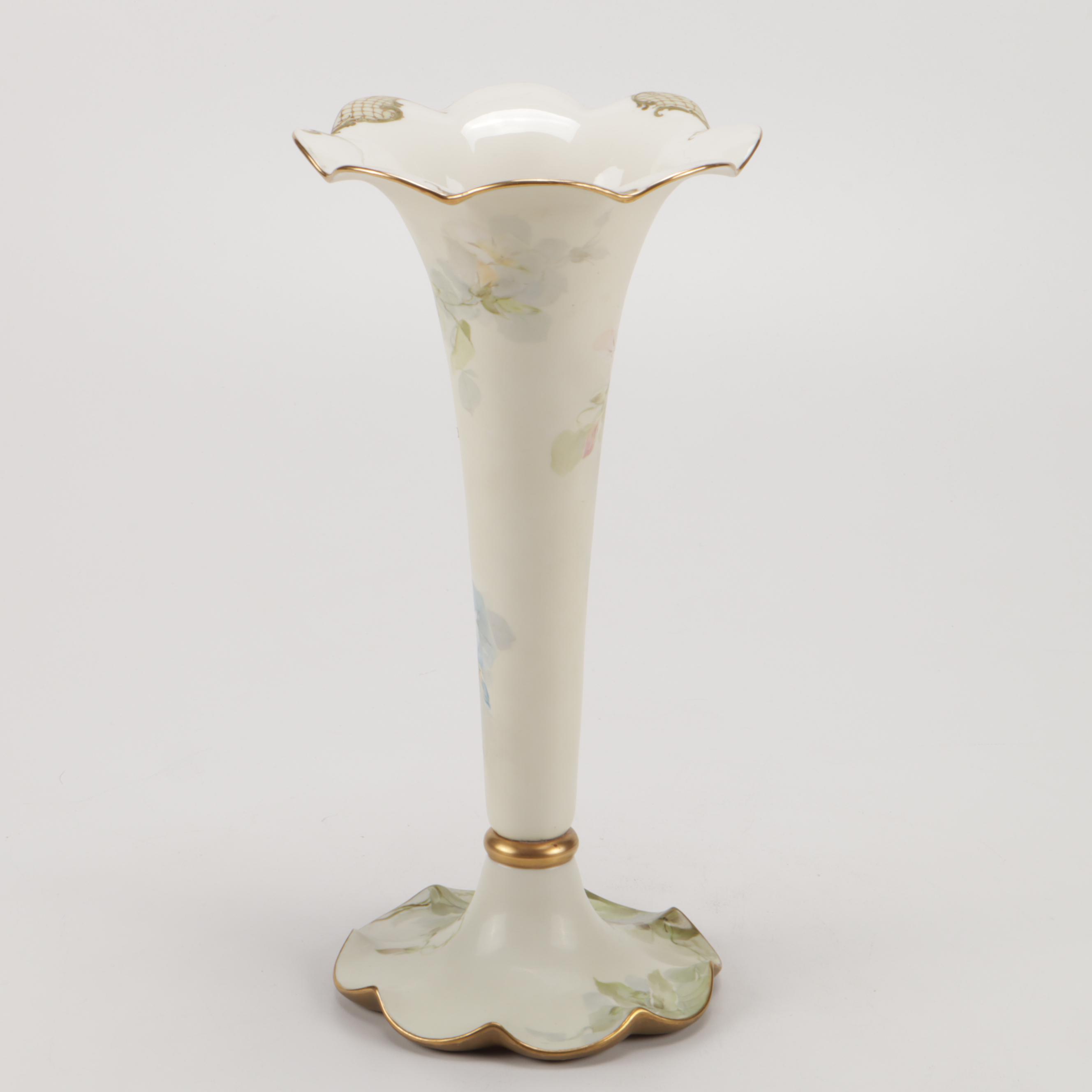 American Belleek Tall Hand-Painted Floral Trumpet Vase