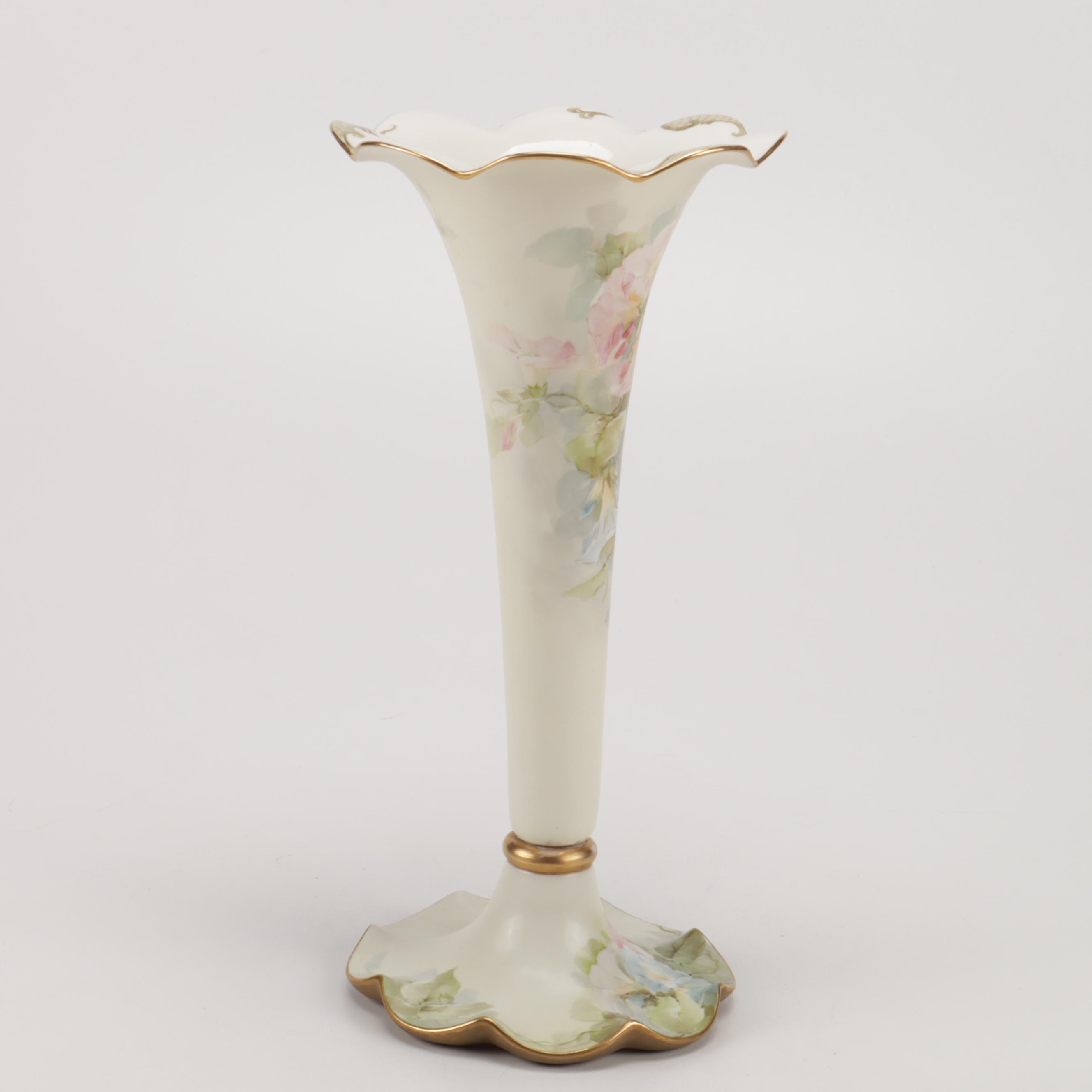 American Belleek Tall Hand-Painted Floral Trumpet Vase