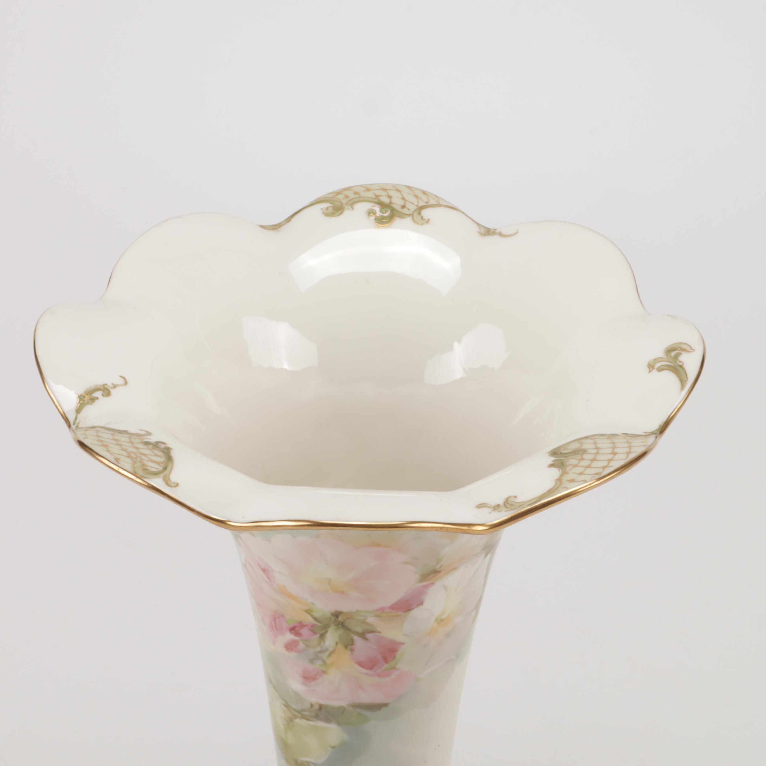 American Belleek Tall Hand-Painted Floral Trumpet Vase