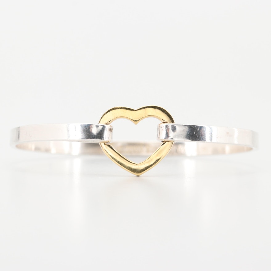 Tiffany & Co. Gold Wash Heart and Sterling Silver Hinged Bangle Bracelet