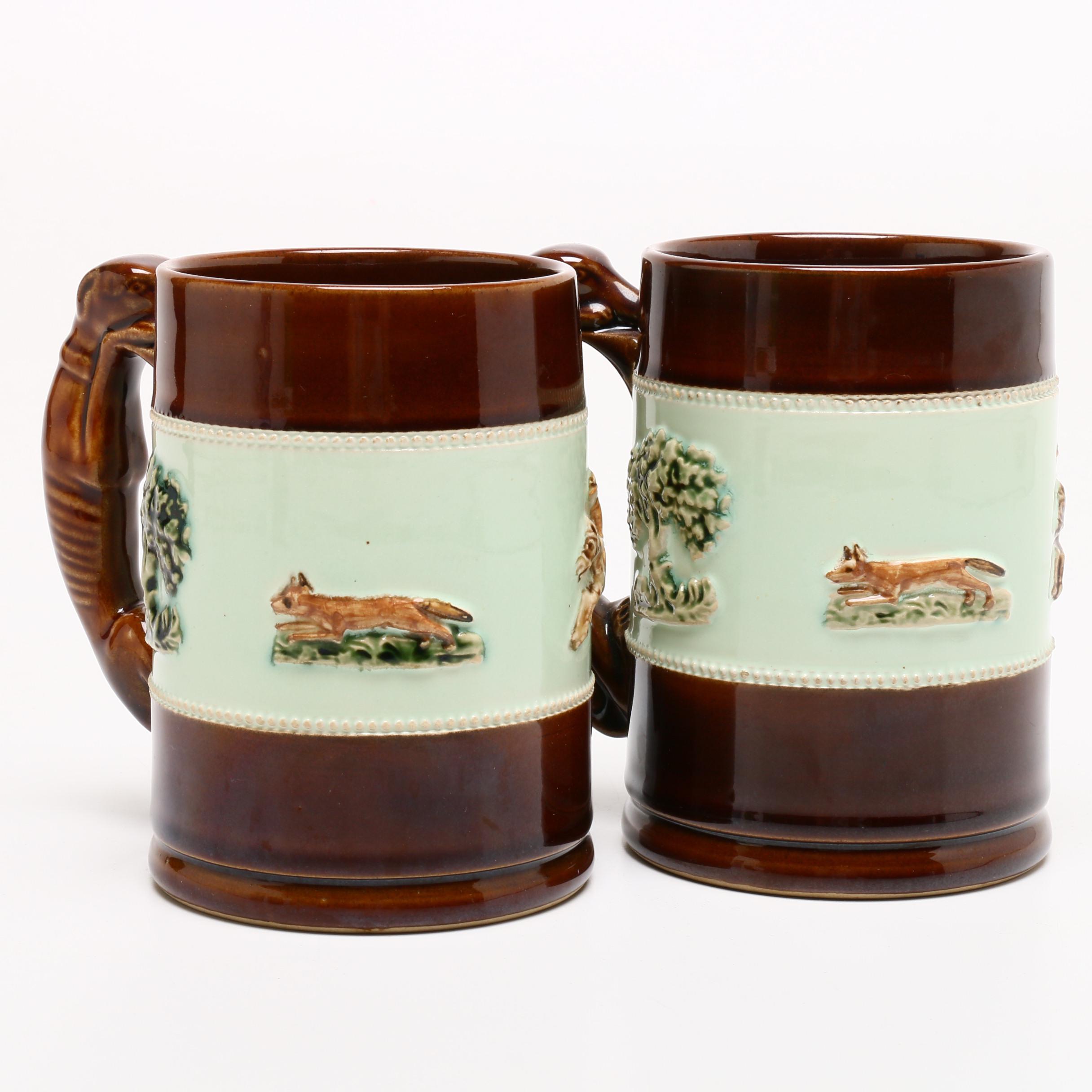 Bourne Denby, Derby, "Fox Hunt" English Ceramic Mugs, Circa 1940s