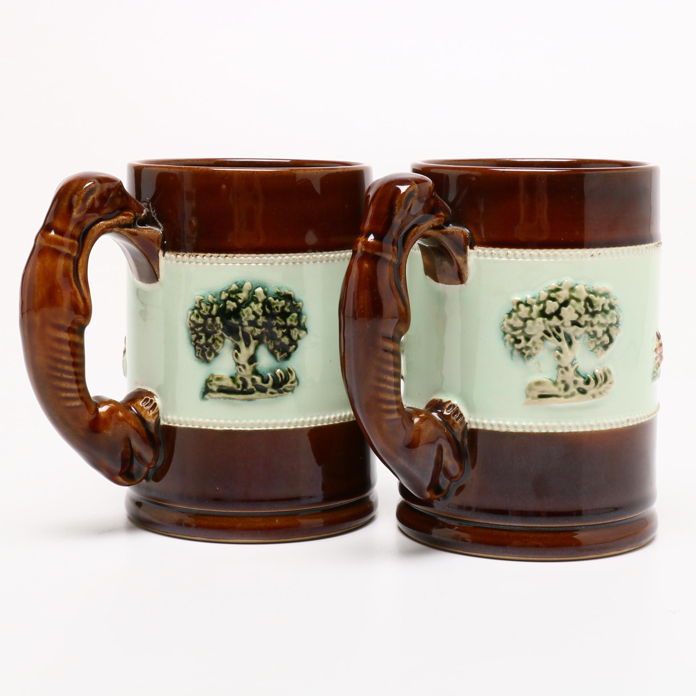 Bourne Denby, Derby, "Fox Hunt" English Ceramic Mugs, Circa 1940s