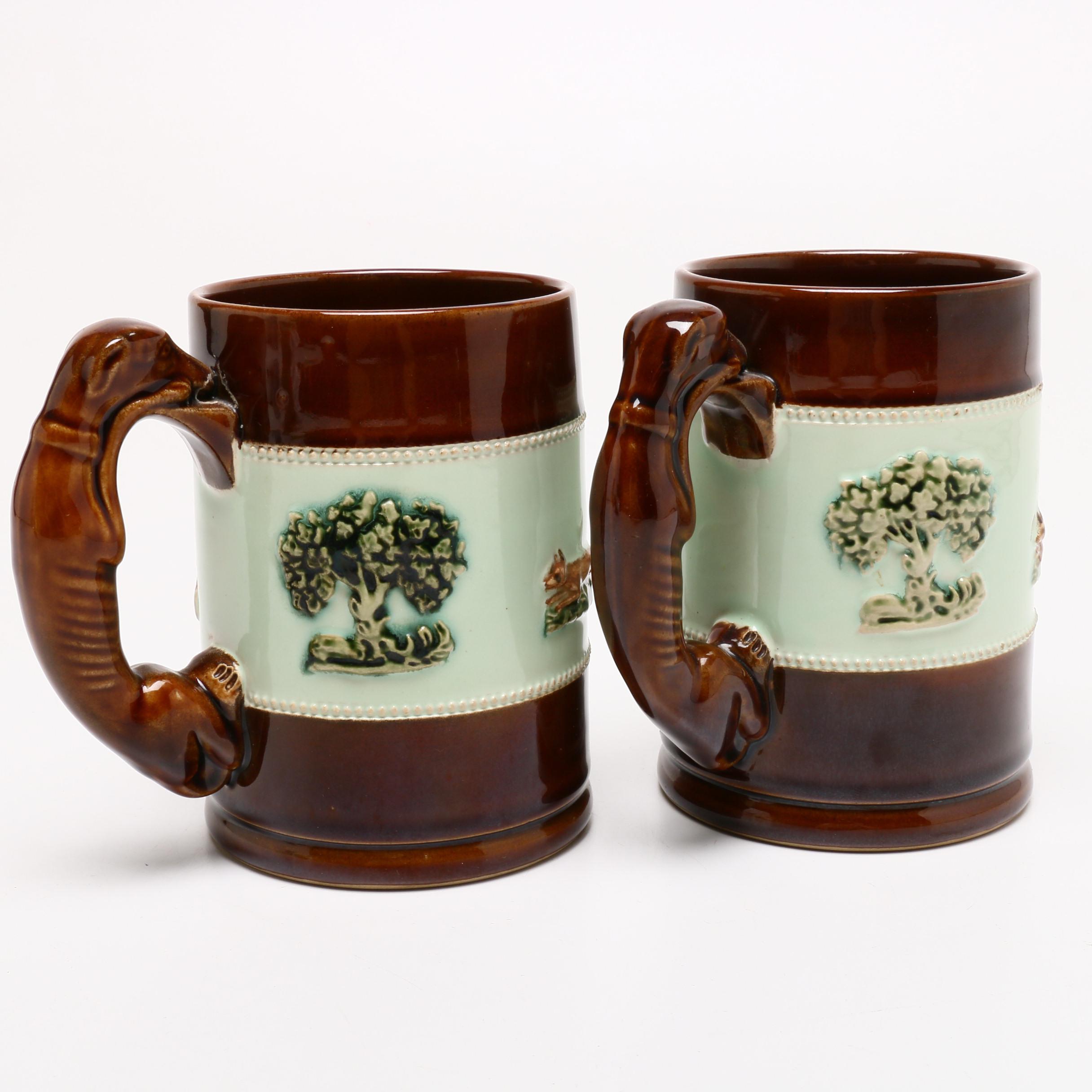 Bourne Denby, Derby, "Fox Hunt" English Ceramic Mugs, Circa 1940s