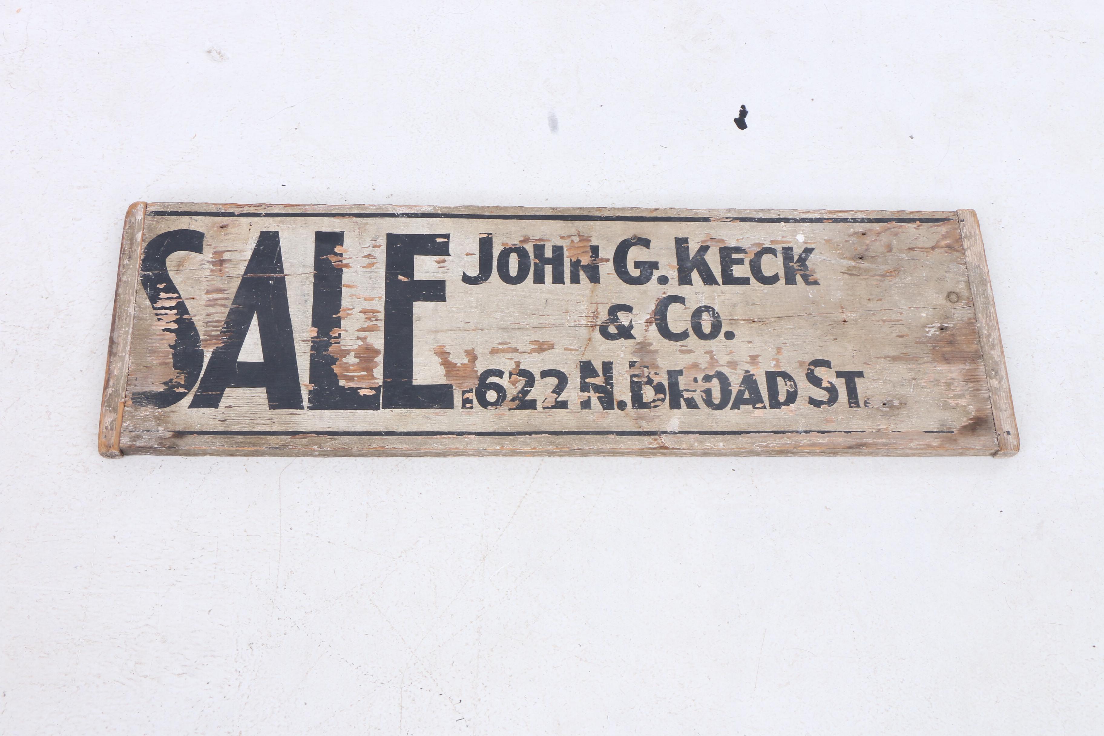 John G. Keck & Co. Sale Sign with Wooden Yard Sticks, Mid-Century