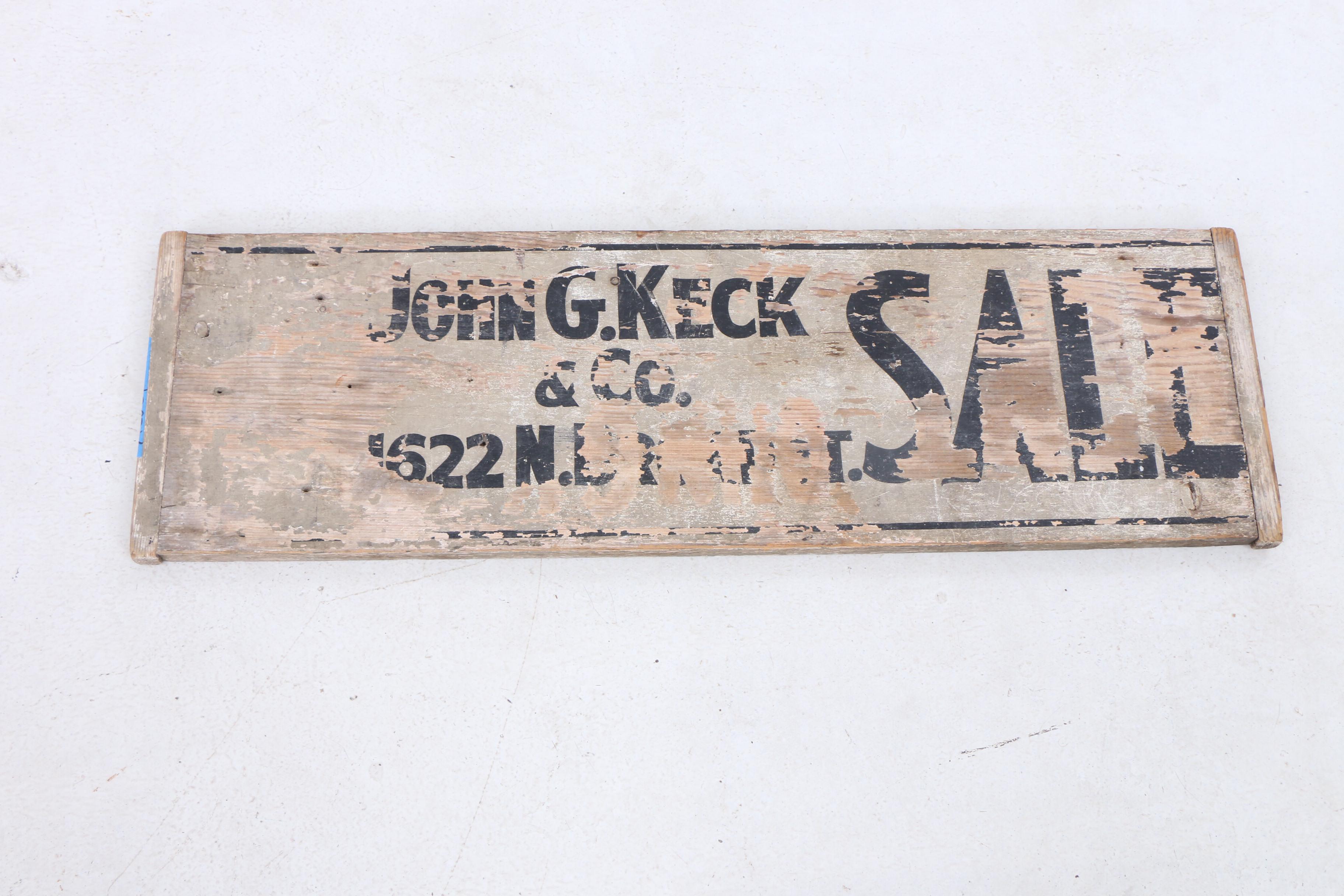 John G. Keck & Co. Sale Sign with Wooden Yard Sticks, Mid-Century