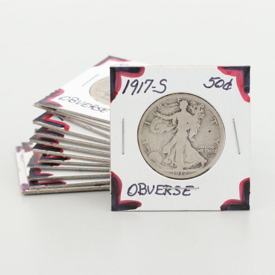 Thirteen Walking Liberty Silver Half Dollar Coins