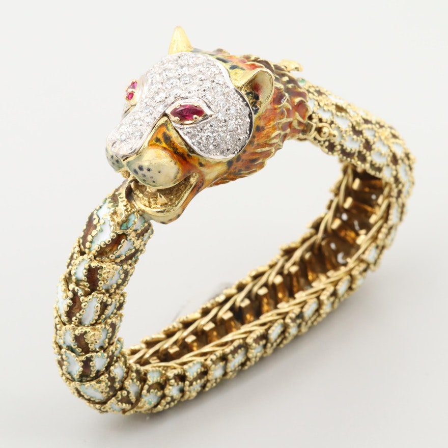 18K Yellow Gold 1.32 CTW Diamond and Enamel Tiger's Head Bracelet with Ruby Eyes