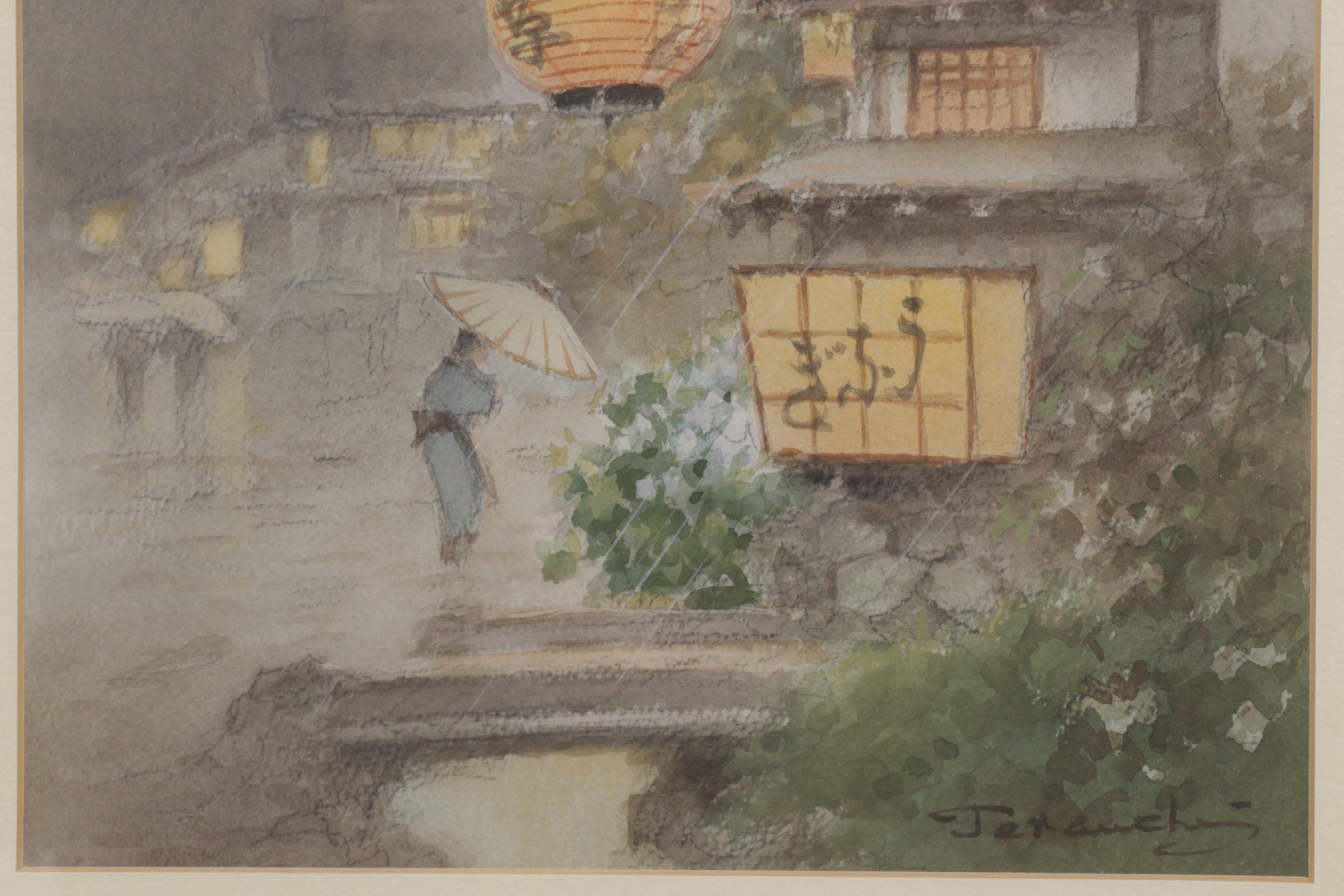 Fukutaro Terauchi Street Scene Watercolor Painting