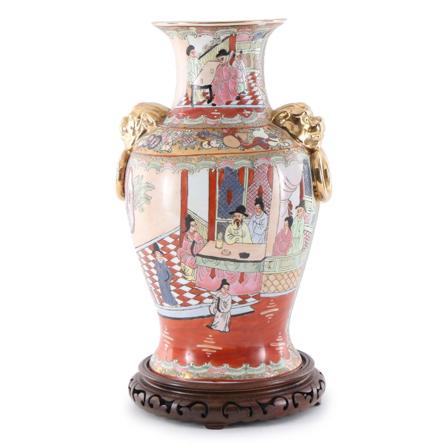 Chinese "Rose Medallion" Parcel Gilt Ceramic Vase on Rosewood Base