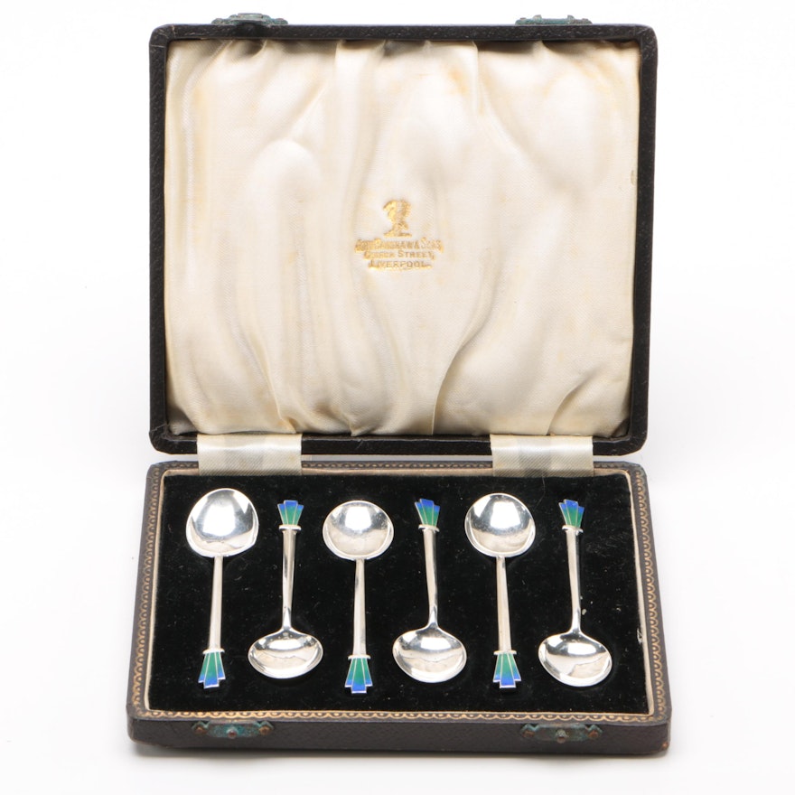Art Deco Liberty & Co. Enameled Sterling Silver Demitasse Spoons, 1935
