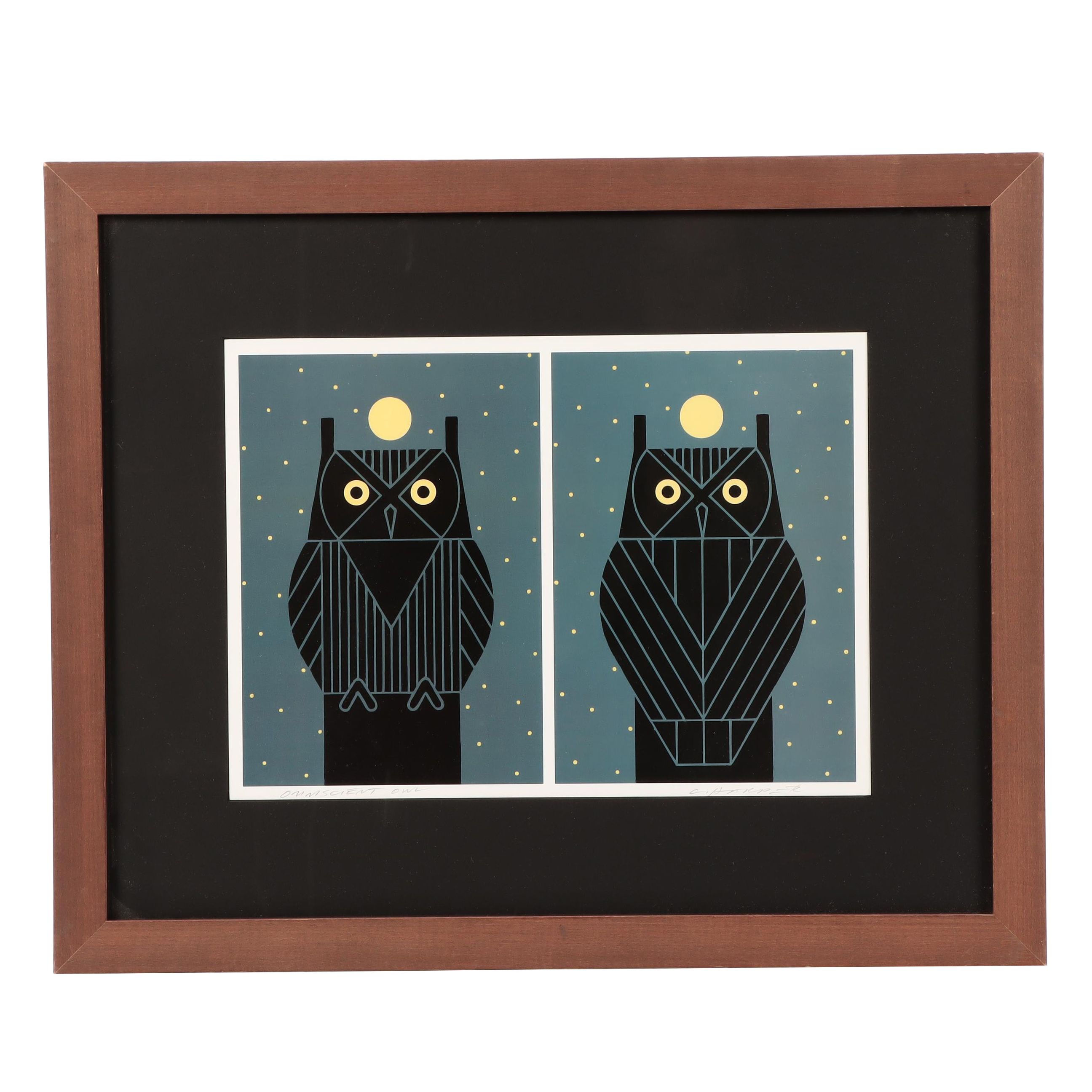 Charley Harper Offset Lithograph "Omniscient Owl"