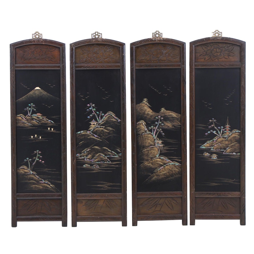 Japanese Mahogany Wall Plaques with Abalone Inlay and Painted Black Lacquer