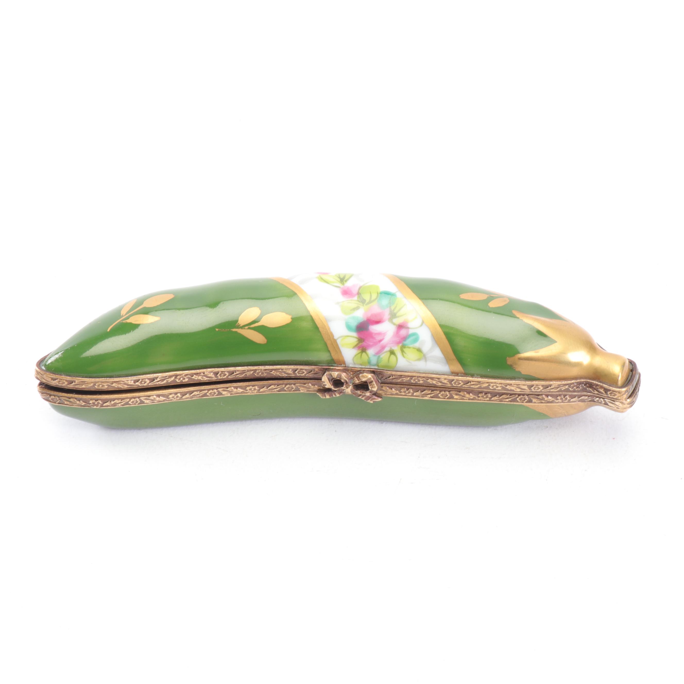 La Gloriette Limoges Porcelain Pea Pod with Golden Peas Trinket Box