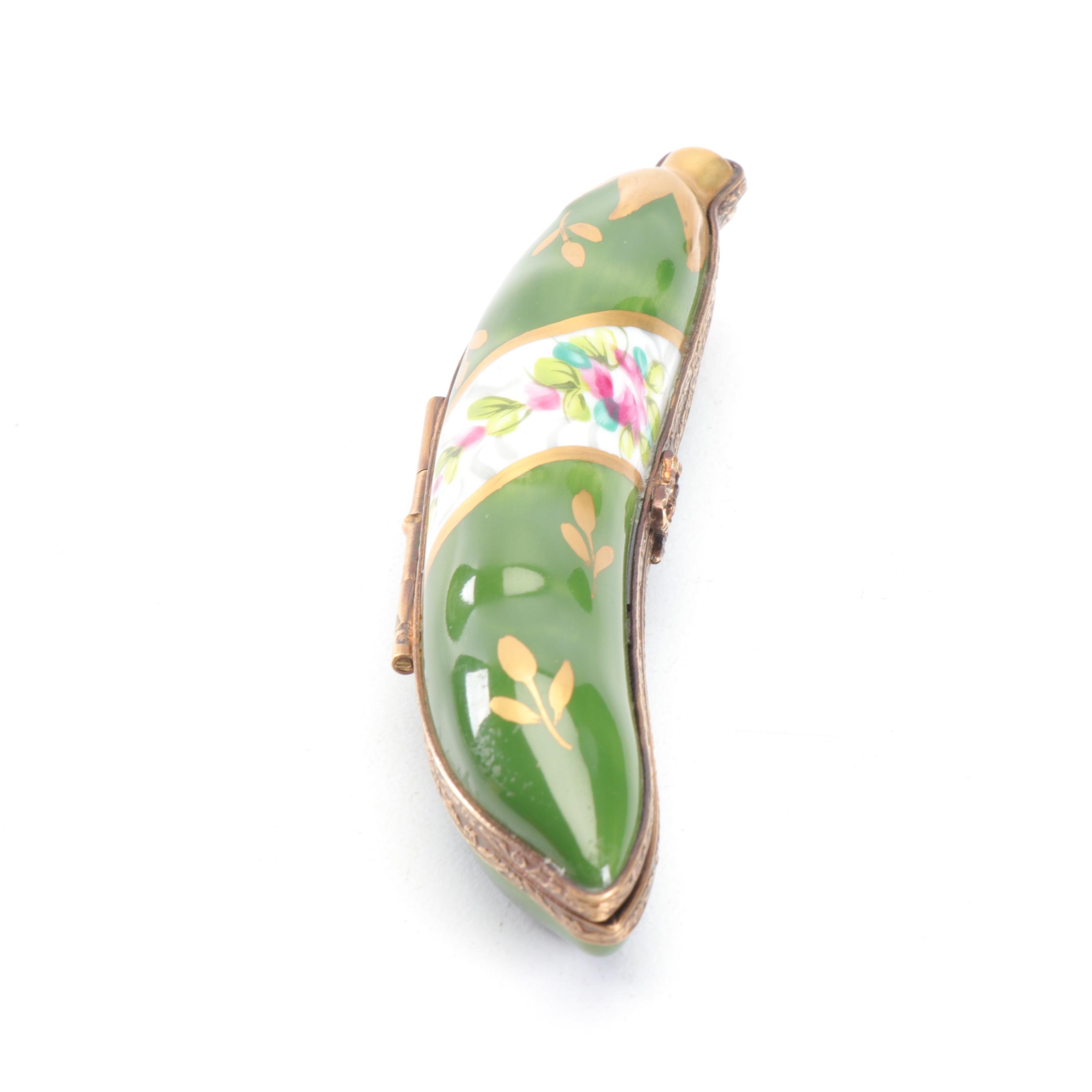 La Gloriette Limoges Porcelain Pea Pod with Golden Peas Trinket Box
