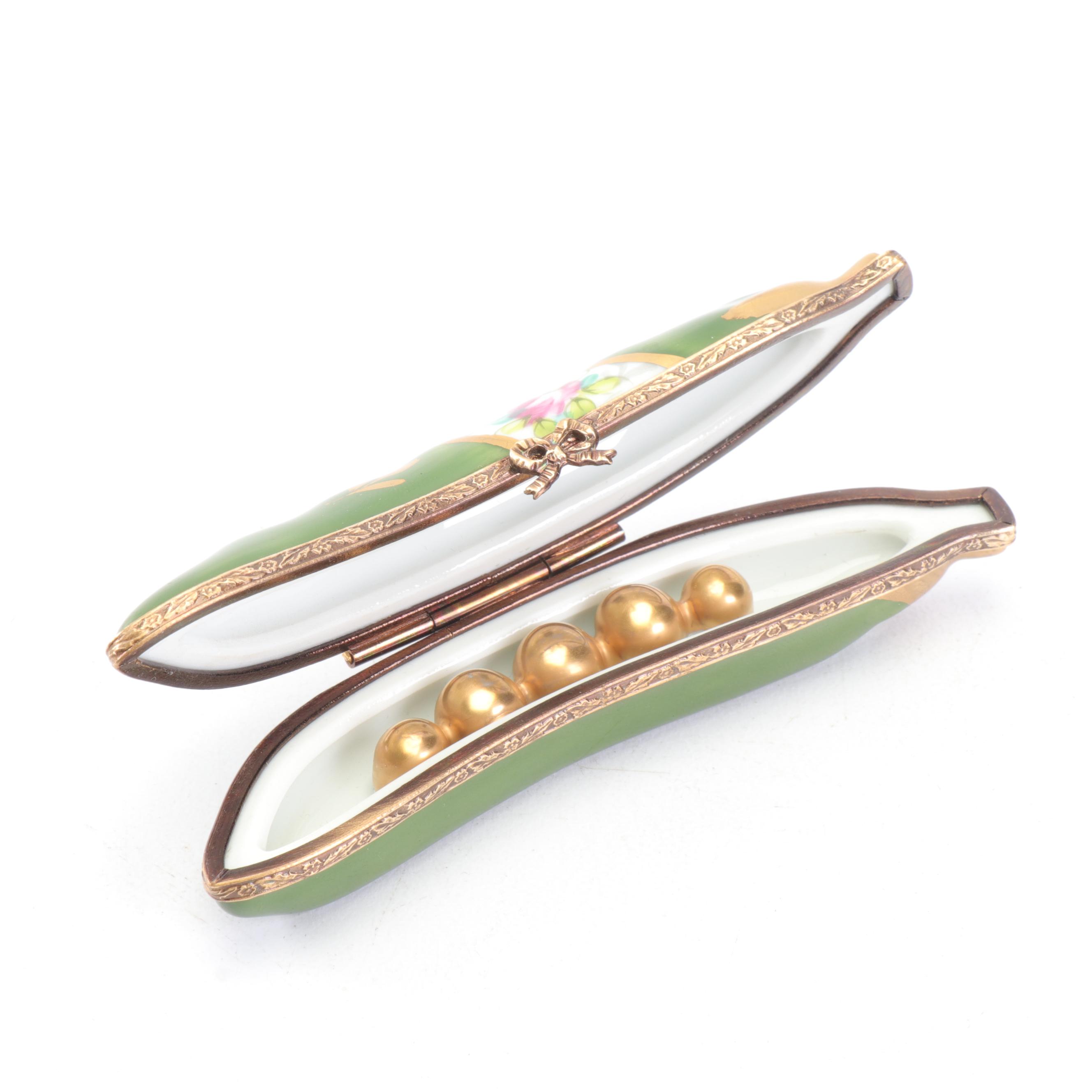 La Gloriette Limoges Porcelain Pea Pod with Golden Peas Trinket Box