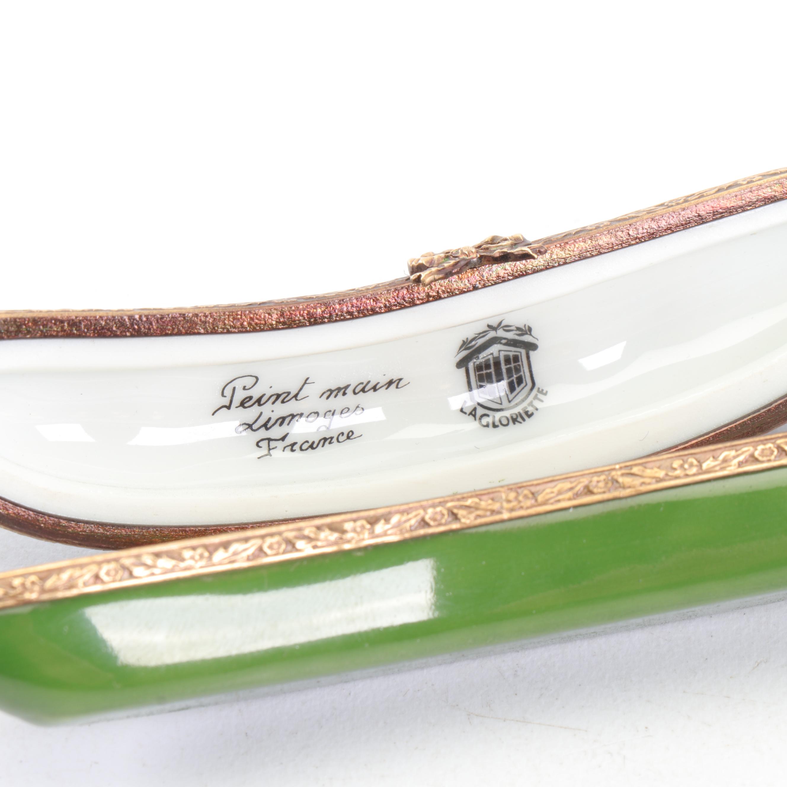 La Gloriette Limoges Porcelain Pea Pod with Golden Peas Trinket Box