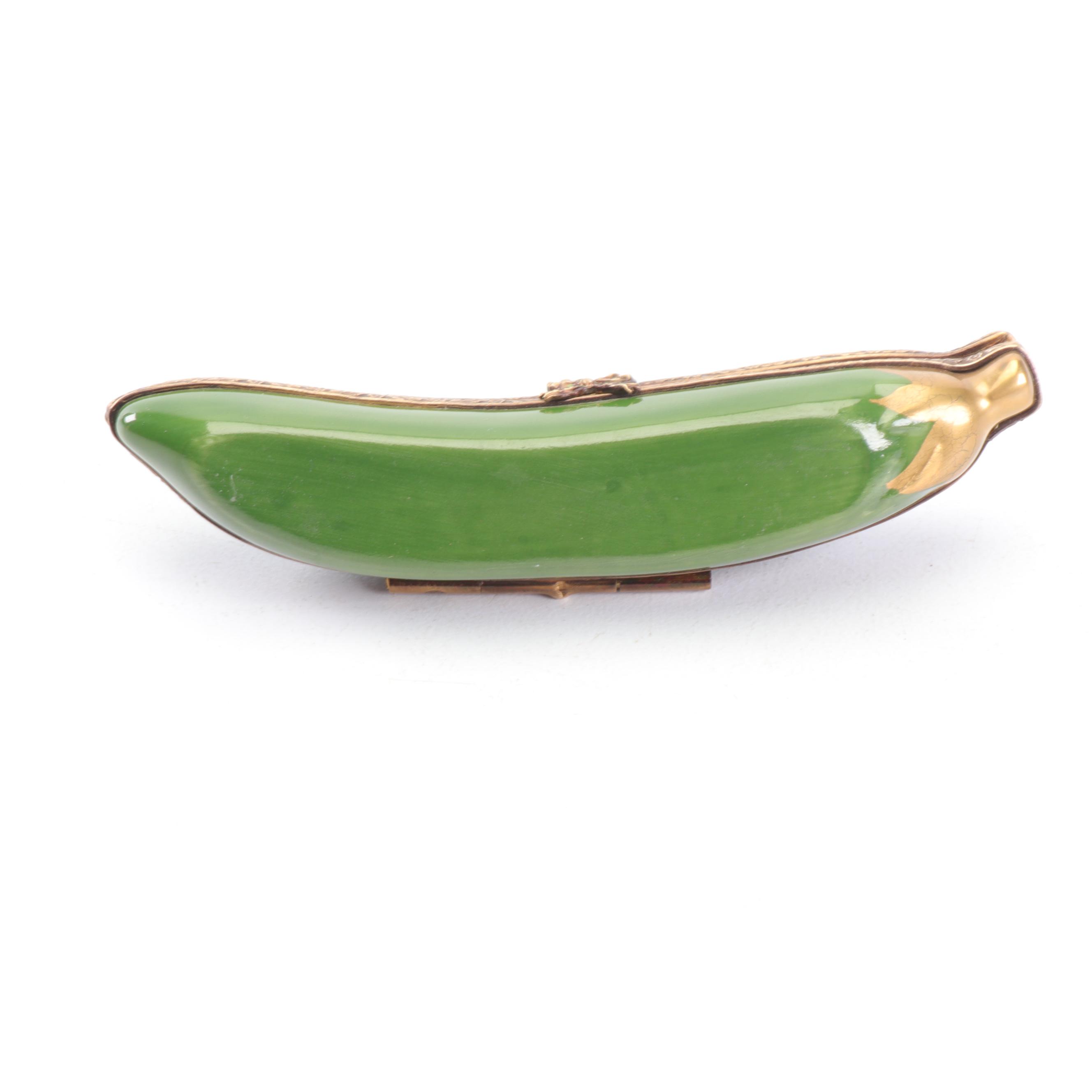 La Gloriette Limoges Porcelain Pea Pod with Golden Peas Trinket Box