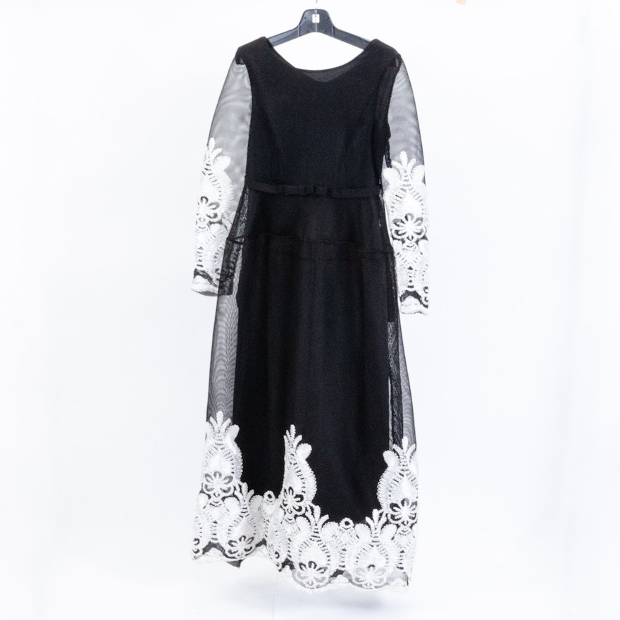 Black Mesh and White Soutache Lace Evening Dress