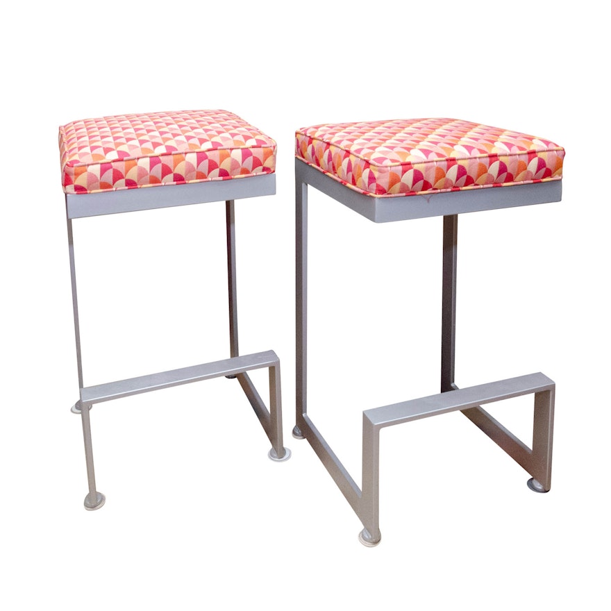 Pair of Modernist Style Metal and Custom-Upholstered Bar Stools
