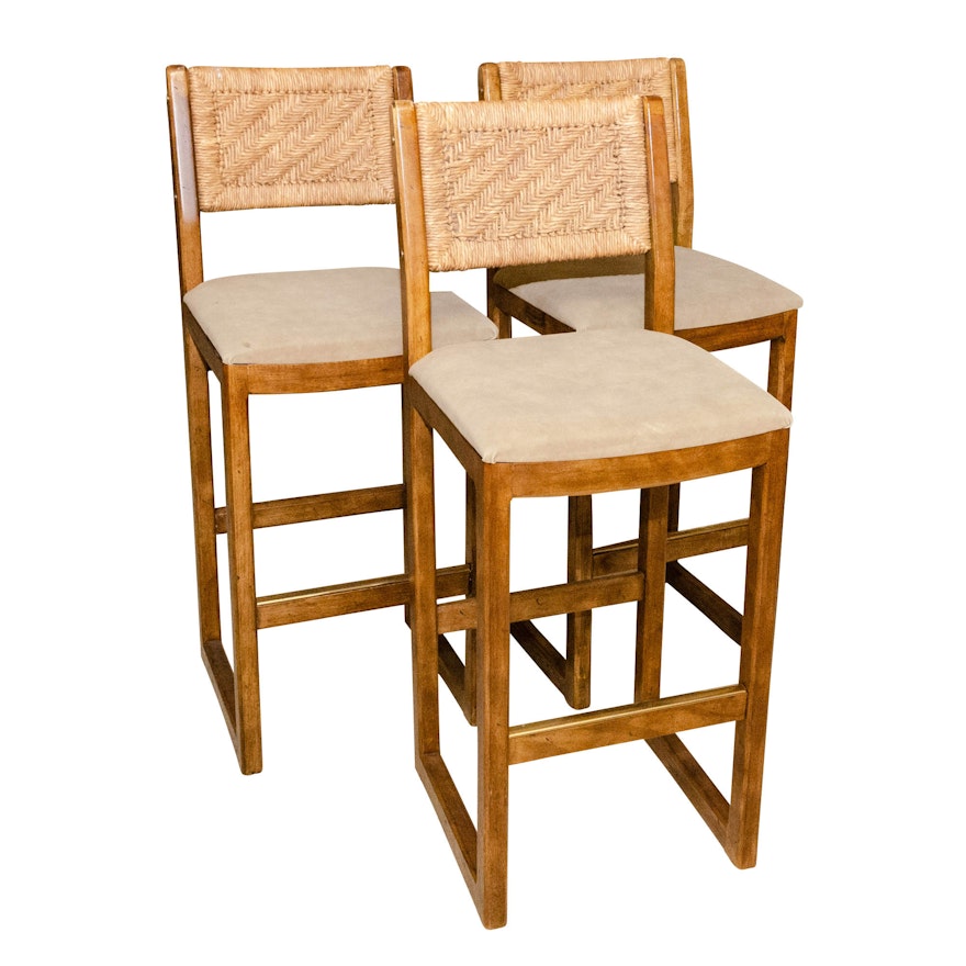 Three Contemporary Woven Rattan and Oak Bar Chairs