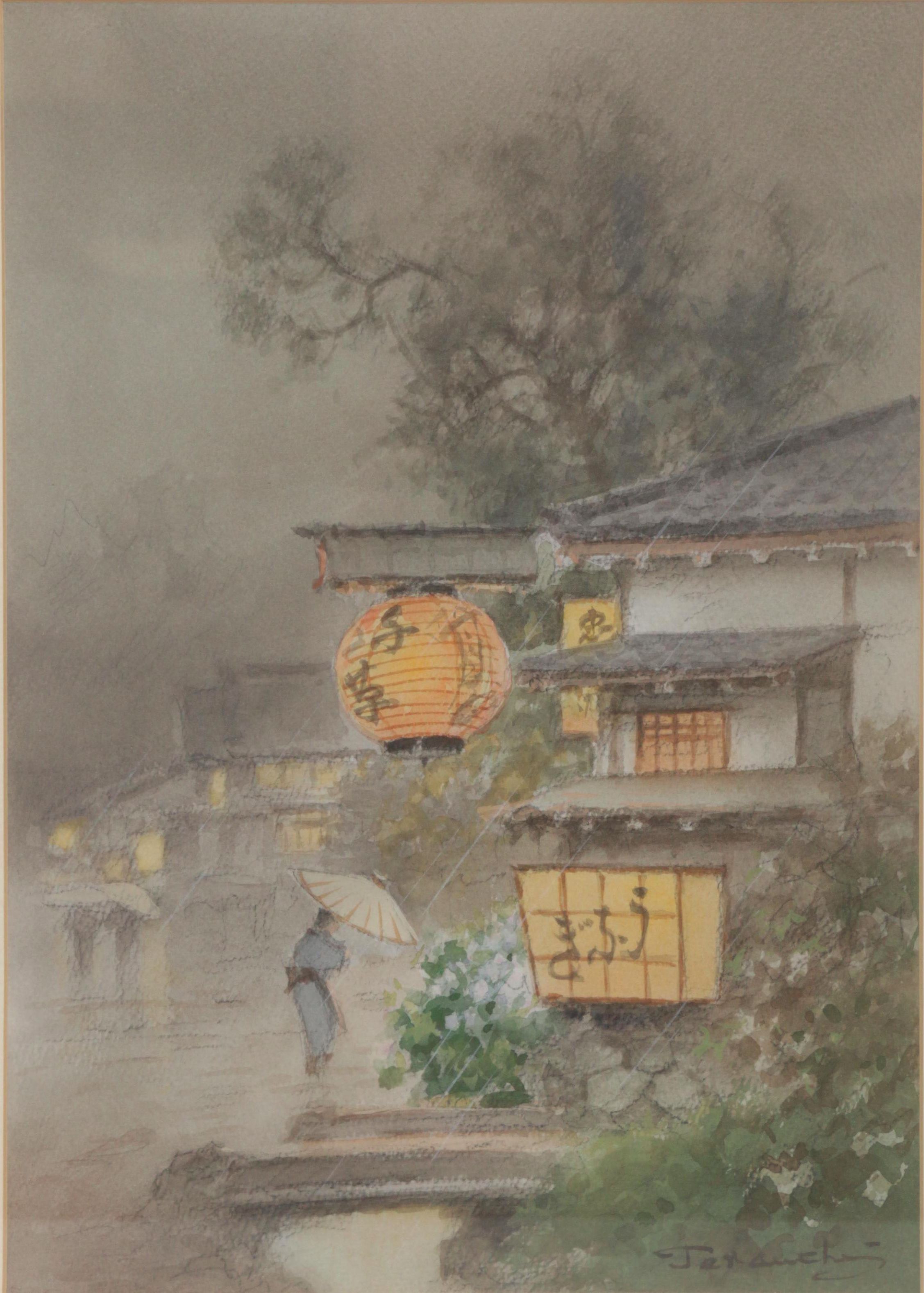 Fukutaro Terauchi Street Scene Watercolor Painting