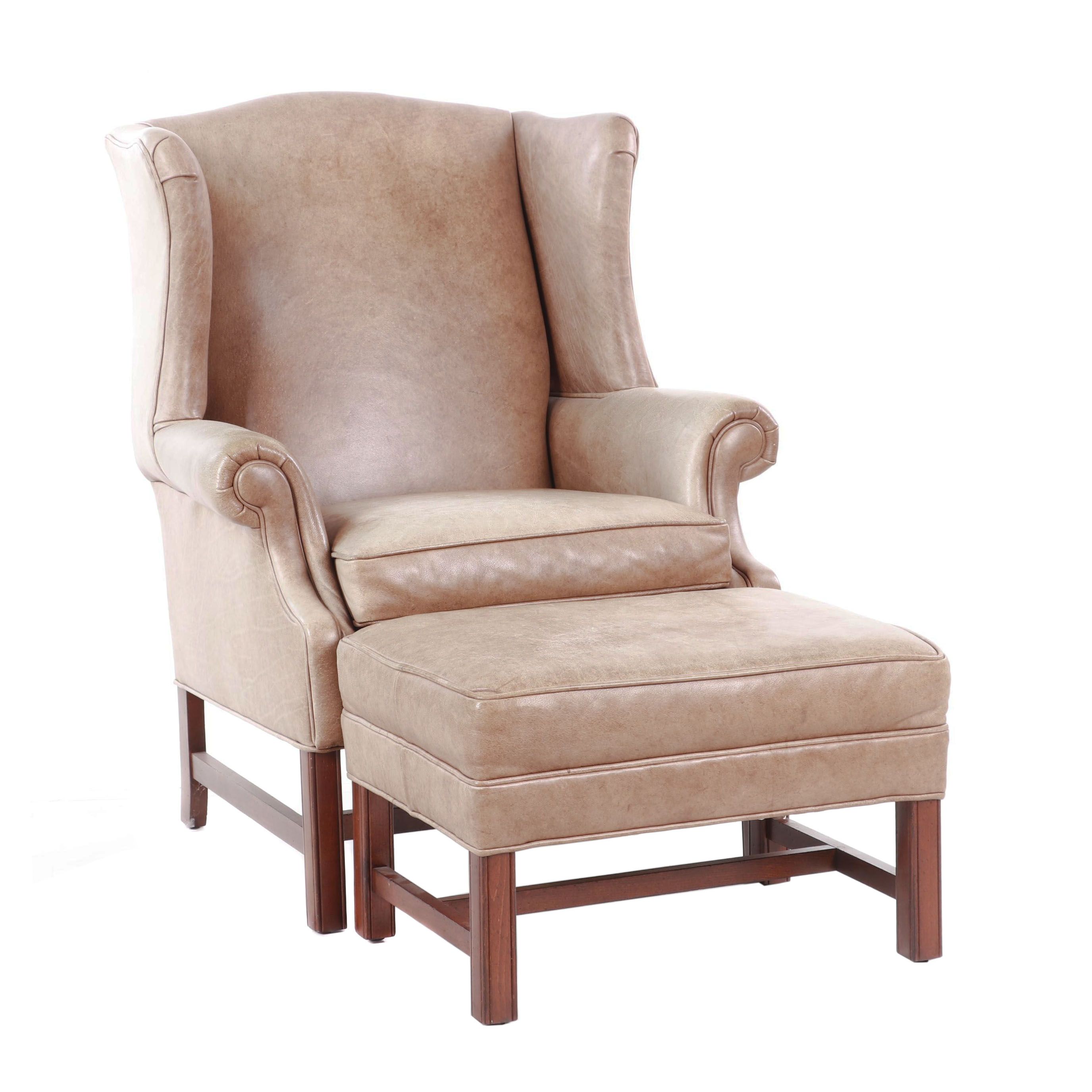 Ethan Allen Leather Upholstered Wingback Chair with Ottoman, Contemporary