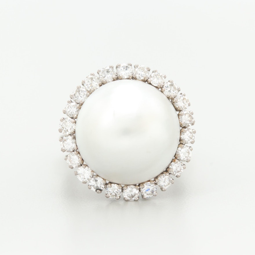 18K White Gold Pearl and 1.43 CTW Diamond Circle Ring