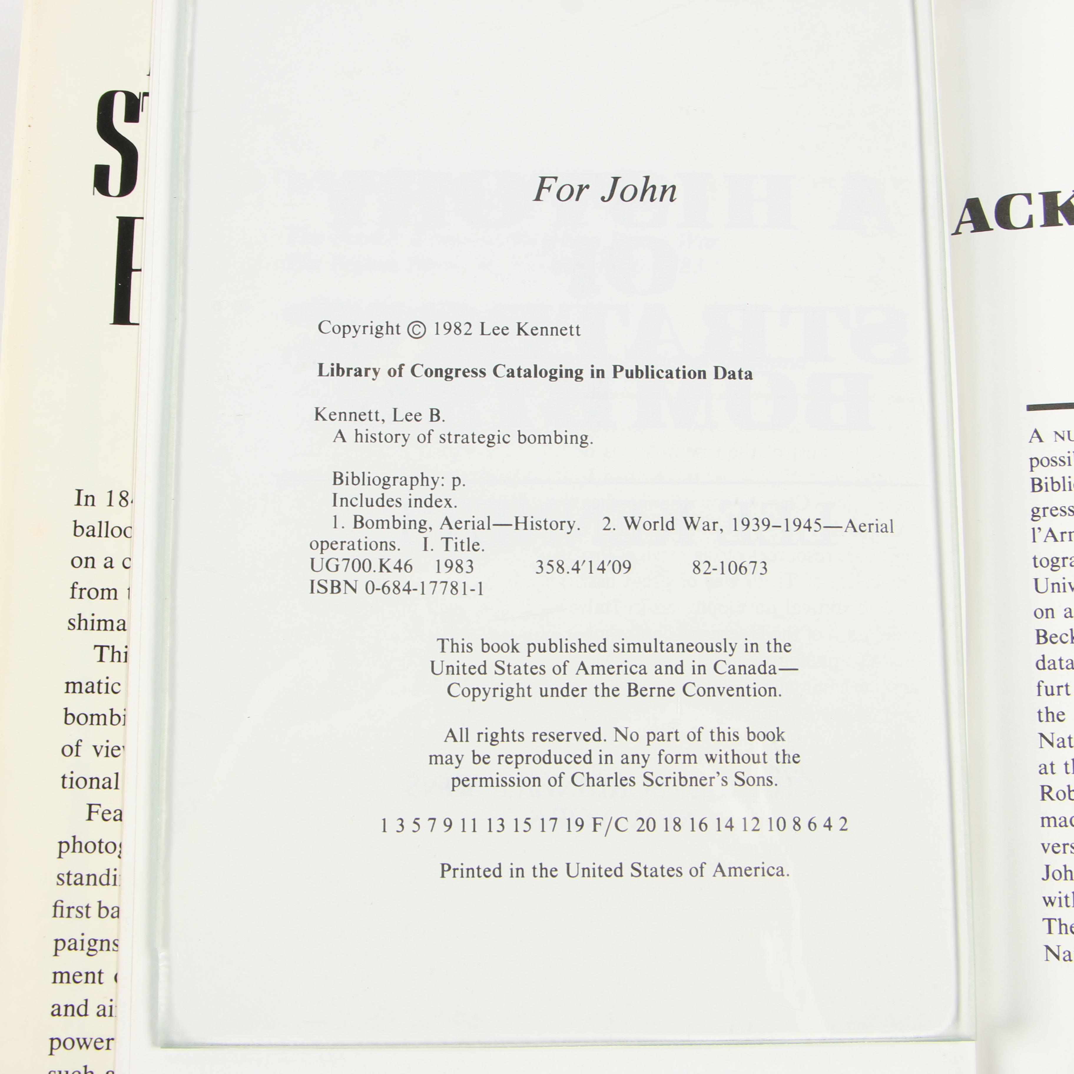 Military Books including 1982 "A History of Strategic Bombing" by Lee Kennett