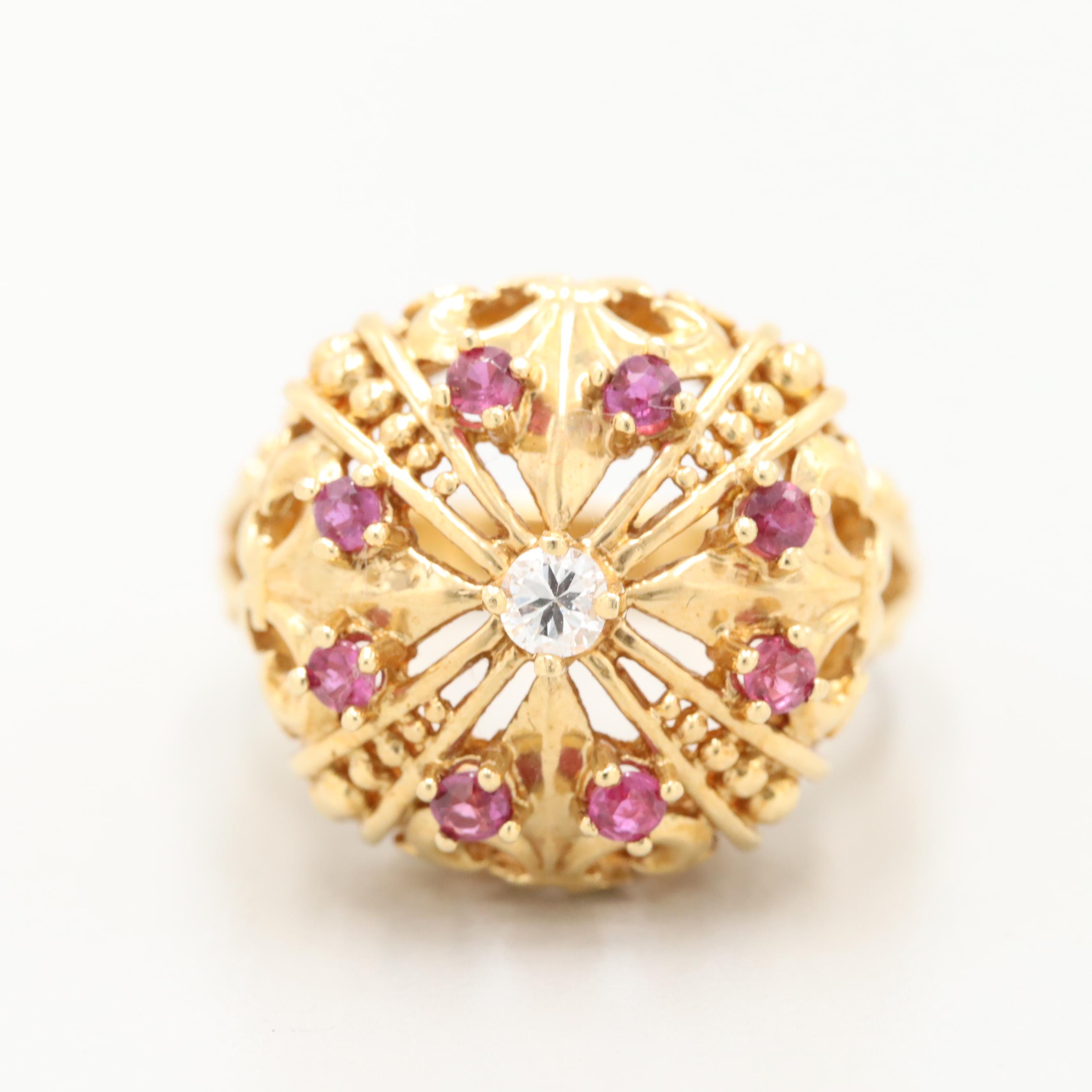 Franklin Mint 18K Yellow Gold Diamond and Ruby Fleur-de-Lis Crown Ring