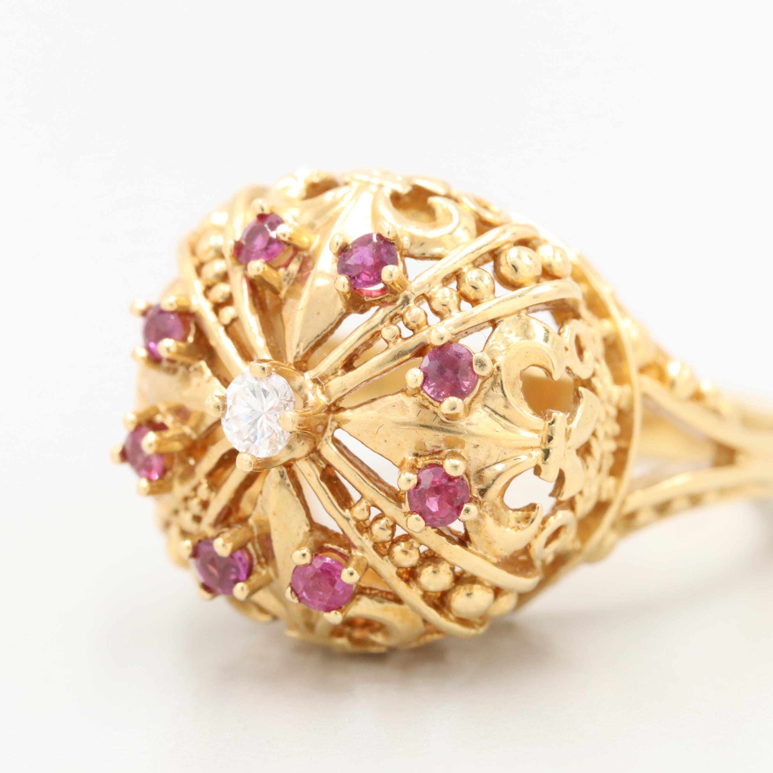 Franklin Mint 18K Yellow Gold Diamond and Ruby Fleur-de-Lis Crown Ring