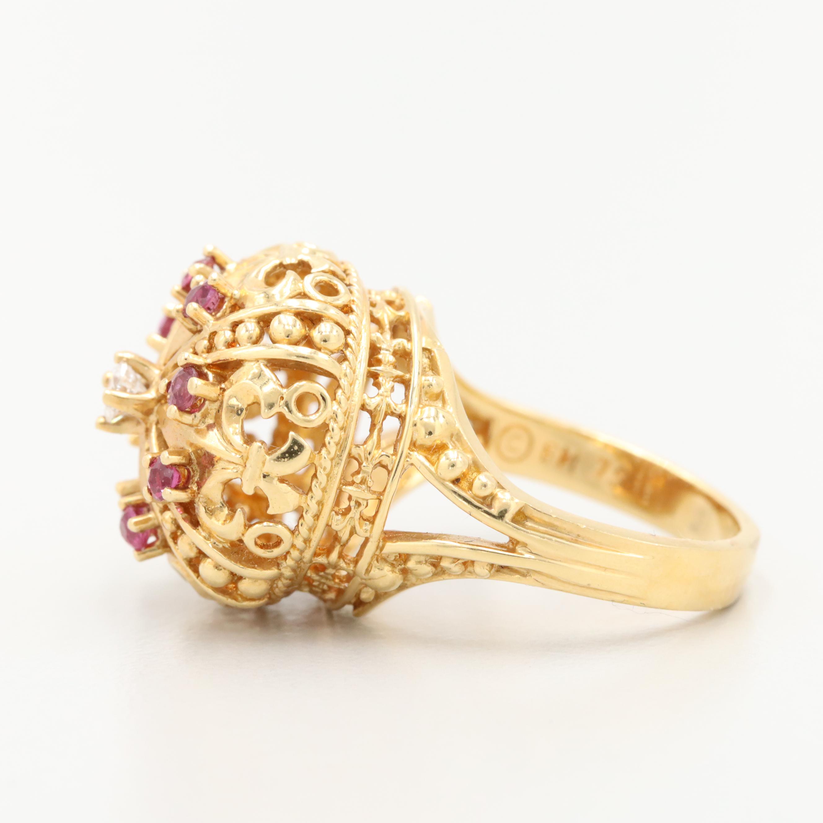 Franklin Mint 18K Yellow Gold Diamond and Ruby Fleur-de-Lis Crown Ring