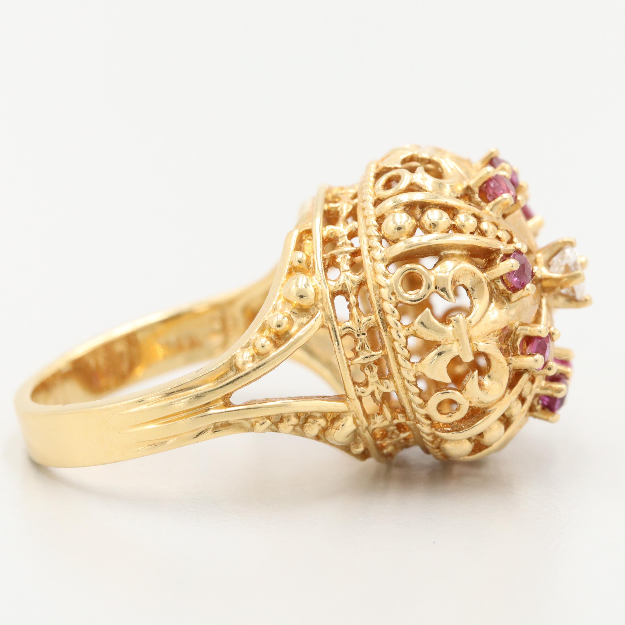 Franklin Mint 18K Yellow Gold Diamond and Ruby Fleur-de-Lis Crown Ring