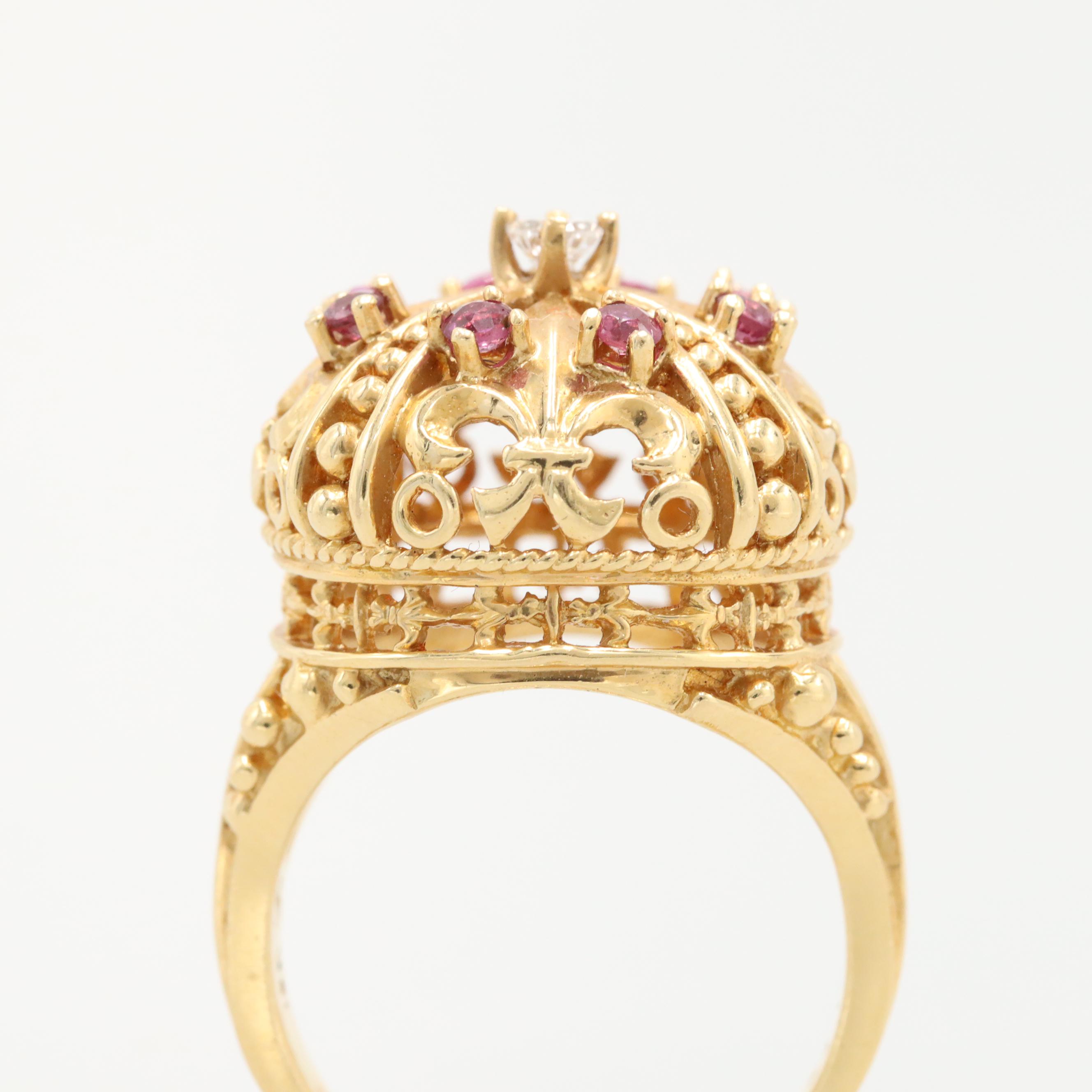 Franklin Mint 18K Yellow Gold Diamond and Ruby Fleur-de-Lis Crown Ring